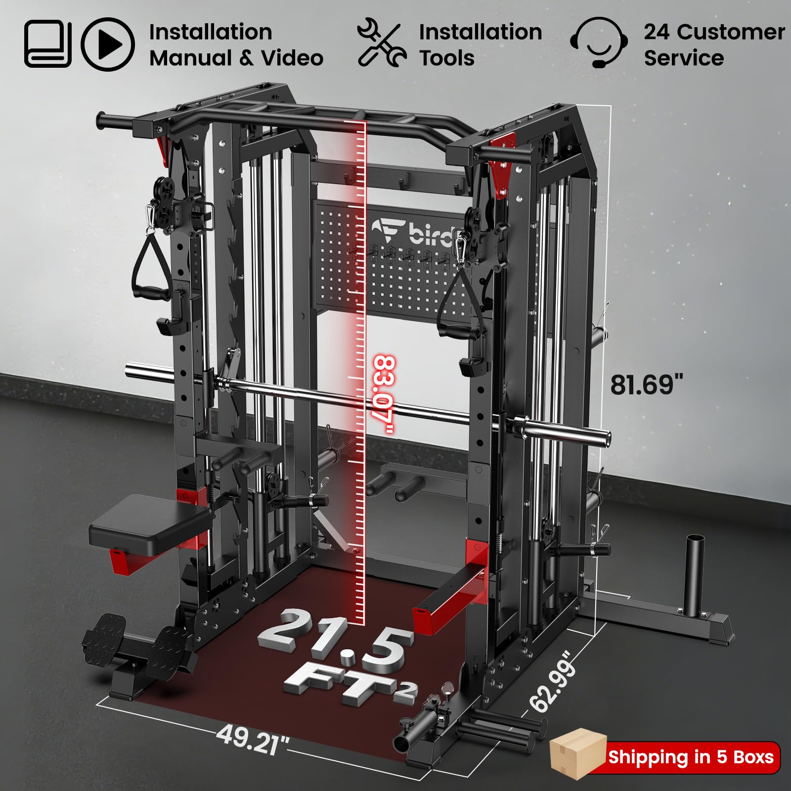 Multi-Function 2000LB Smith Machine Power Cage, Home Gym Squat Rack Featuring LAT Pulldown, Dual Pulley Cable Crossover, Gym-Quality Power Rack with Strength Training Attachments, Pegboard