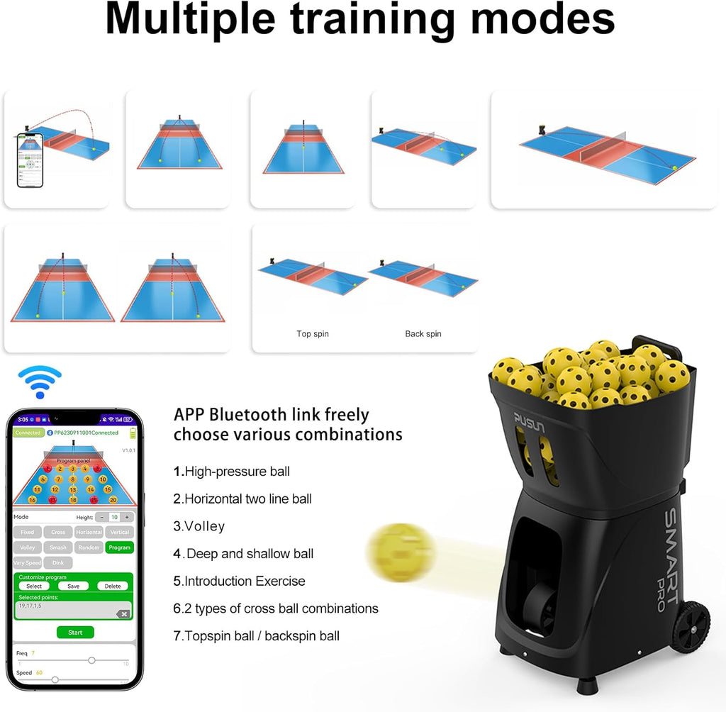 PP SMART PRO Pickleball Machine, Professional Automatic Ball Launcher with App & Remote Control, 80+ Ball Capacity, Adjustable Speed/Spin/Frequency, Portable for All Skill Levels (Black)