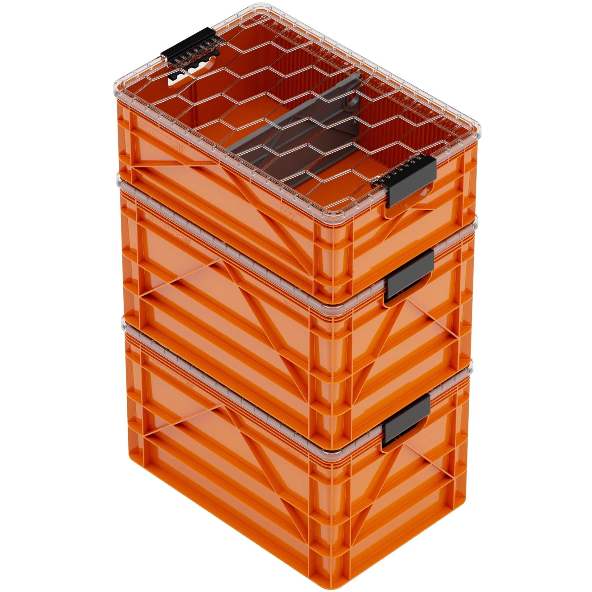 SIDIO CRATE Starter Pack - Two Full Size and One Half Size SidioCrate, Stackable Outdoor Organizer Storage Bins with Clear Lid and Dividers - Tan
