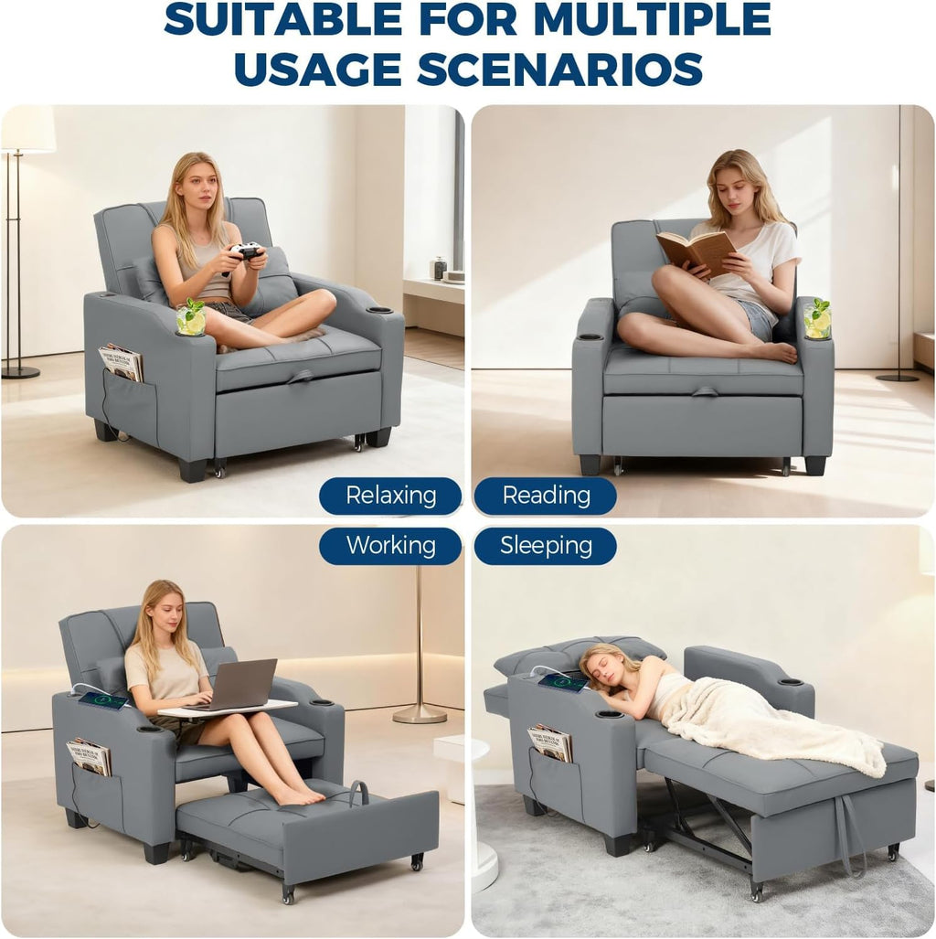 Sleeper Chair Pull Out Bed, 4 in 1 Convertible Sofa Chair Bed with Vibration Massage Lumbar Pillow, Single Sofa Recliner with USB/Type-C Port, Cup Holders and Side Pocket for Small Spaces (Brown)
