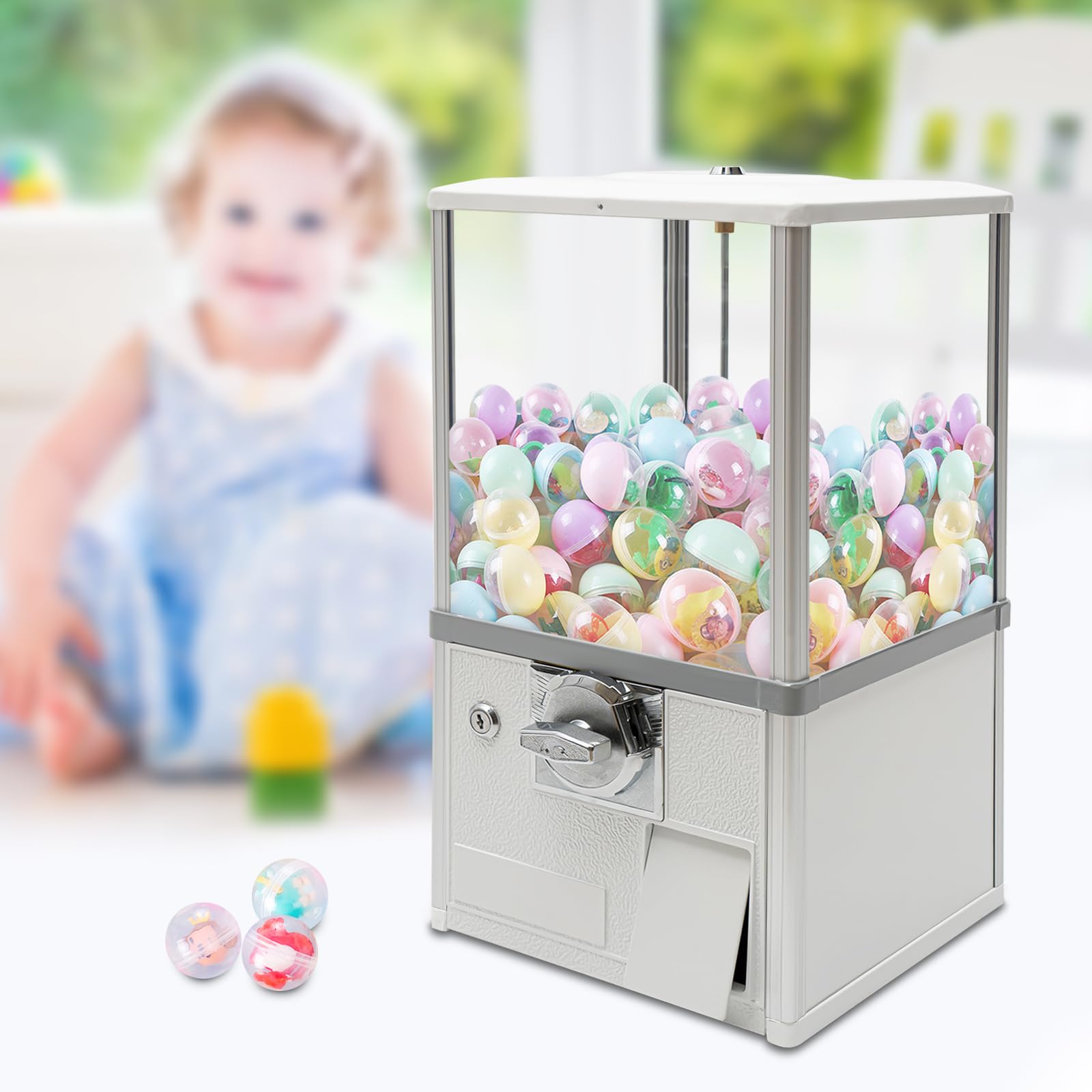 Big Commercial Capsule Vending Machine, 4-Side 25 Cent Coin Operated Gumball & Toy Dispenser, Freestanding Candy Machine for Bouncy Balls, Party Favors, Small Business, Multicolor (Yellow)