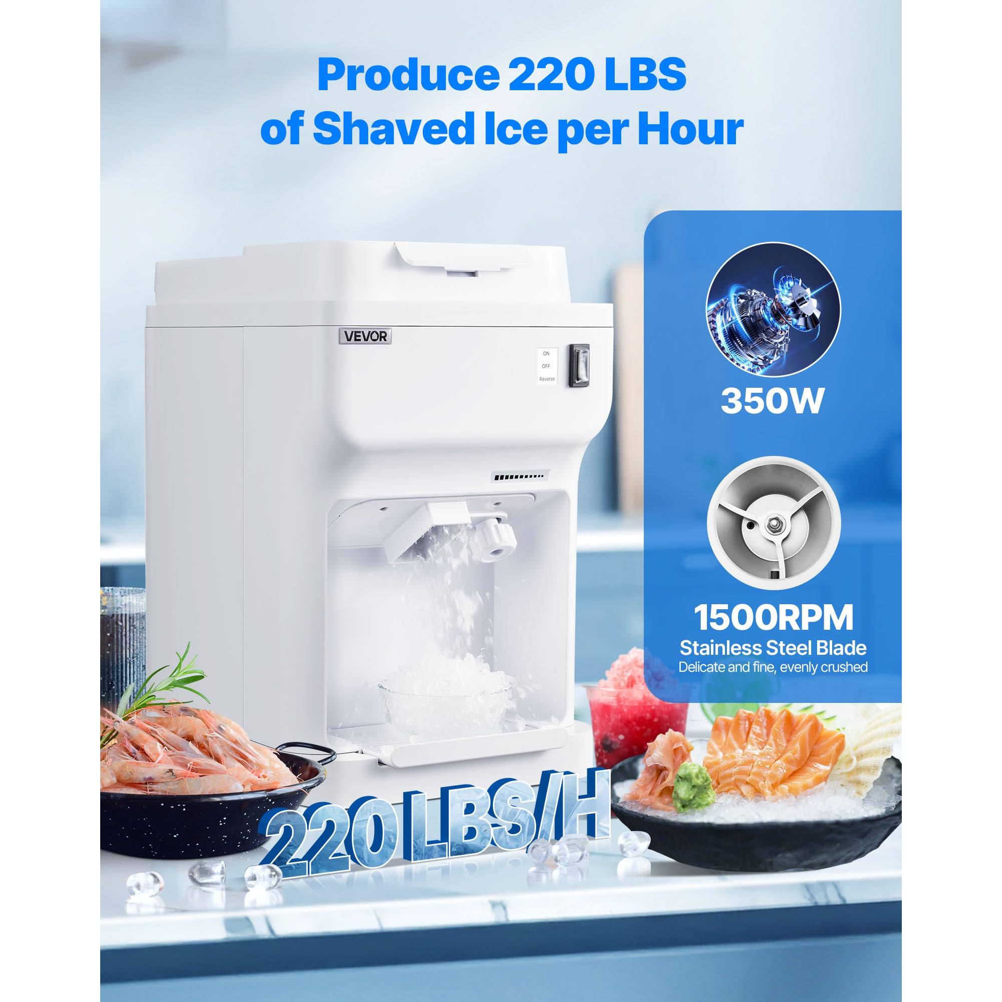 VEVOR Ice Shaver Machine Electric Snow Cone Machine, 265 LBS/H Shaved Ice Machine 250W Ice Crusher Triple Blades Tabletop Shaved Ice Maker with Adjustable Fineness for Home and Commercial Use