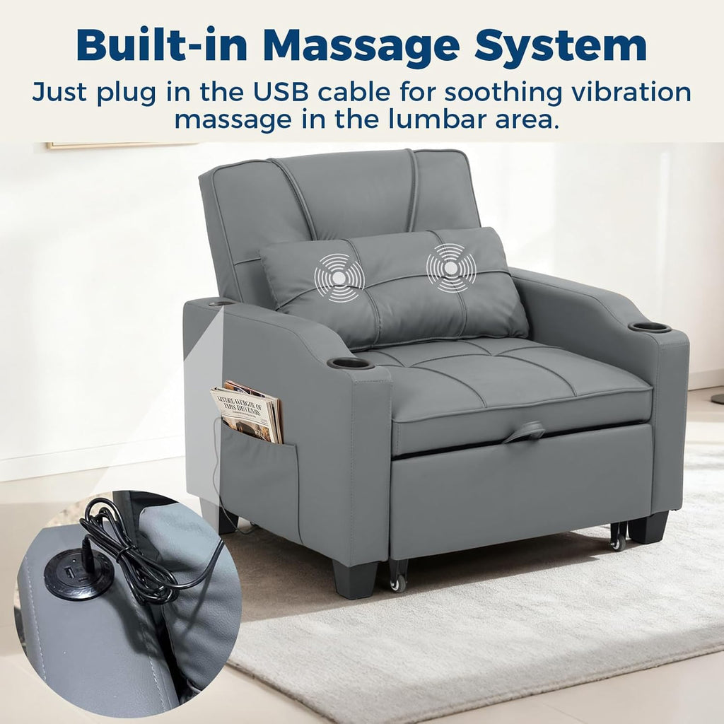 Sleeper Chair Pull Out Bed, 4 in 1 Convertible Sofa Chair Bed with Vibration Massage Lumbar Pillow, Single Sofa Recliner with USB/Type-C Port, Cup Holders and Side Pocket for Small Spaces (Brown)