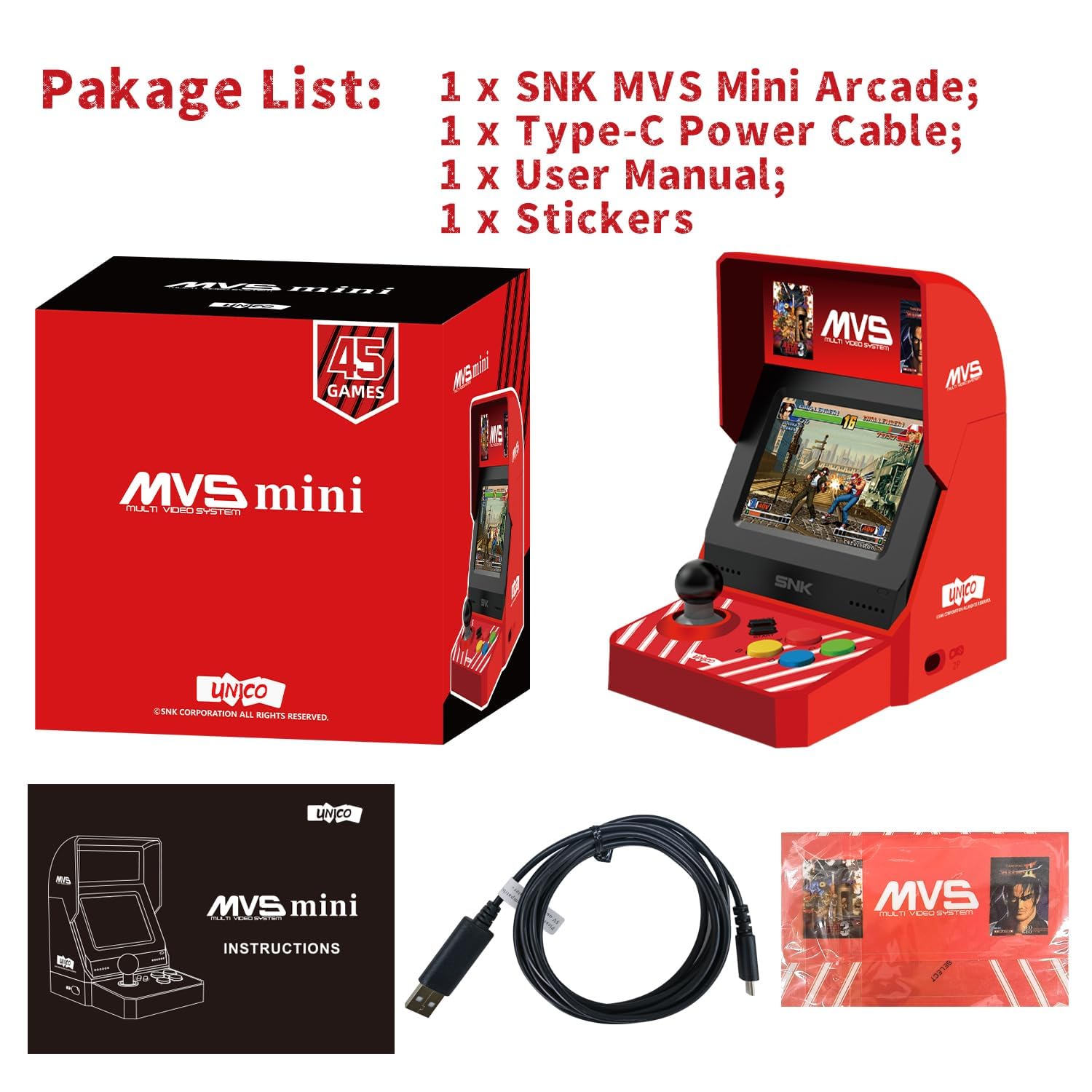 UNICO MVS Mini Home Arcade Machine, 45 Pre-Loaded Classic Games:10 KOF / 5 Metal SLUG / 7 Fatal Fury / 6 Samurai SHODOWN and More, 3.5inch Screen, HDMI and Gamepads Port