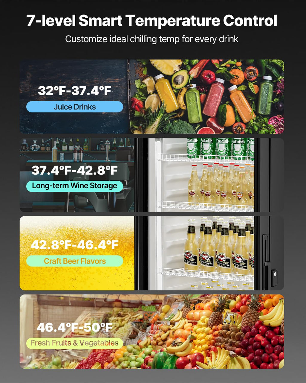 VEVOR Commercial Merchandiser Refrigerator, 6.9 Cu.Ft / 195L Glass Door Display Refrigerator, Upright Beverage Cooler Fridge with 4 Adjustable Shelves, Soft LED Light & Casters for Homes Shops Bars