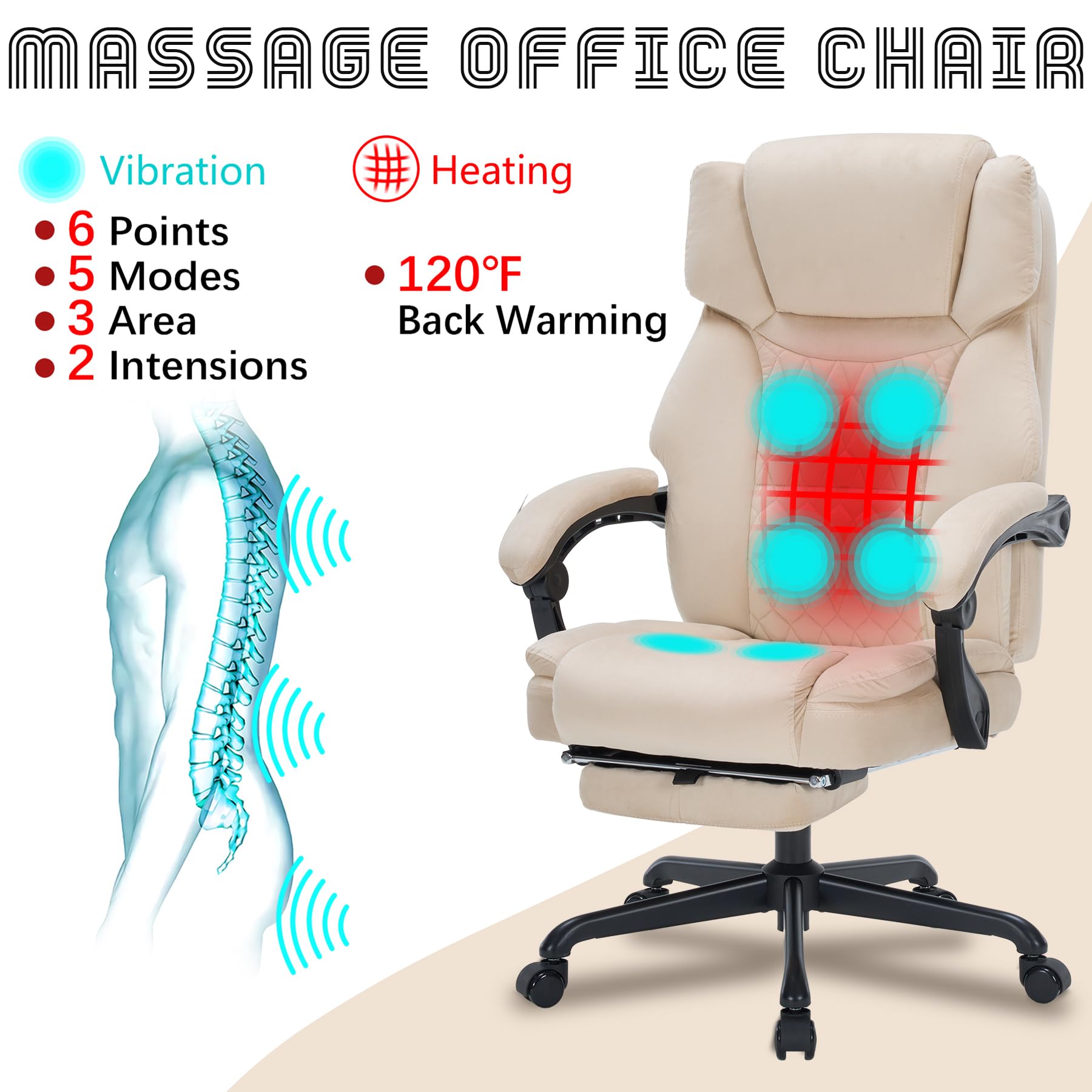 Massage Office Chair with Foot Rest 6 Points Vibration and Heat Home Office Desk Chairs for Heavy People 400lbs Reclining Managerial Chairs Ergonomic Executive Chair (Black)