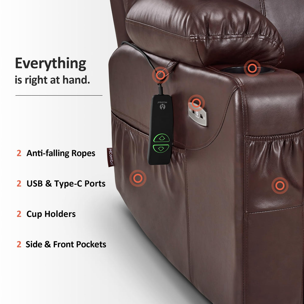 MCombo Electric Power Lift Recliner Chair Sofa with Massage and Heat for Elderly, 3 Positions, 2 Side Pockets, and Cup Holders, USB Ports, Faux Leather 7040 (Grey, Medium)