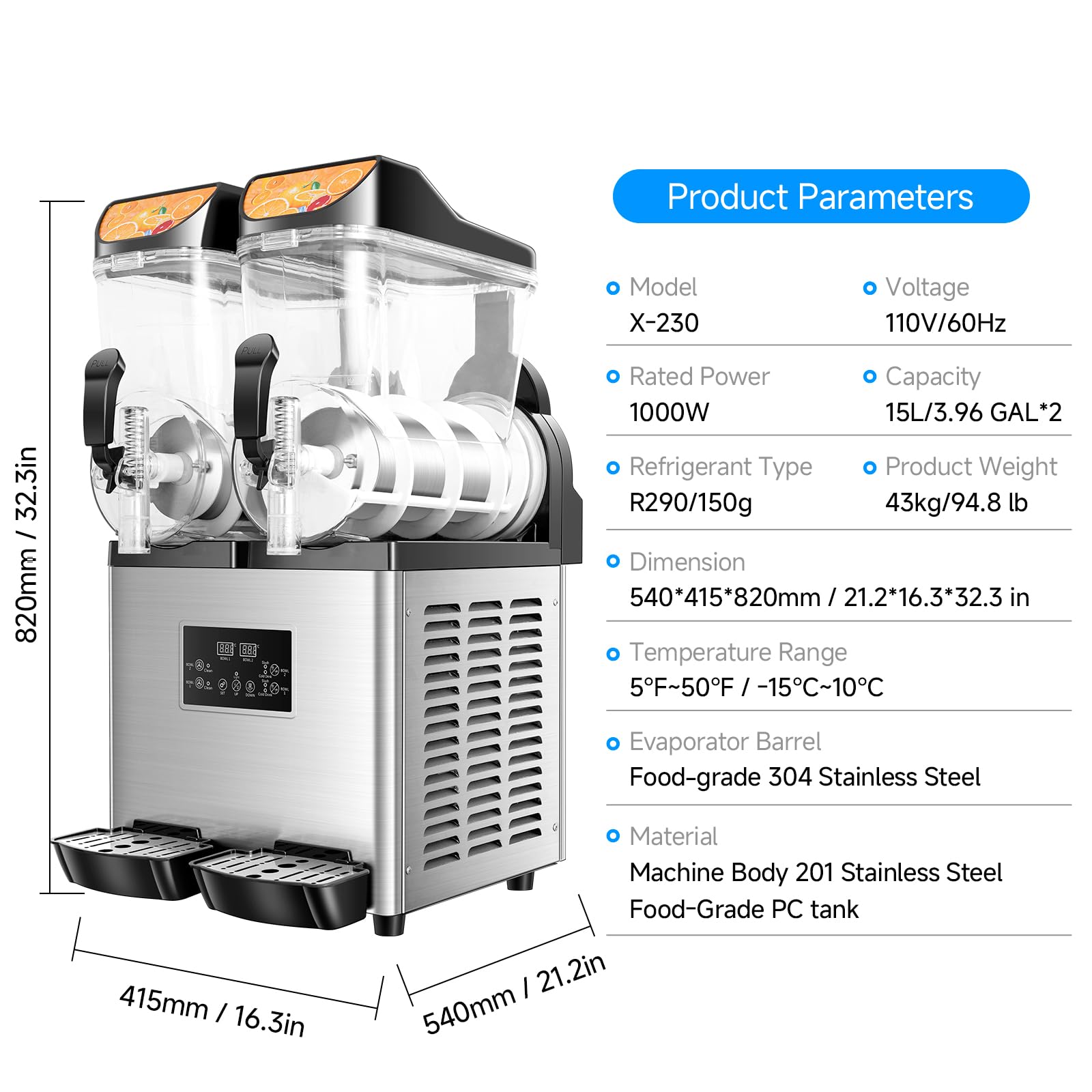 Slushy Machine,15L x2 Double Tanks Comercial Margarita &Slushie Machine,120+ Cups 1000W 110V Electric Large Daiquiri Machine with Self-cleaning Mode,for Home Party Restaurants Cafe Bars