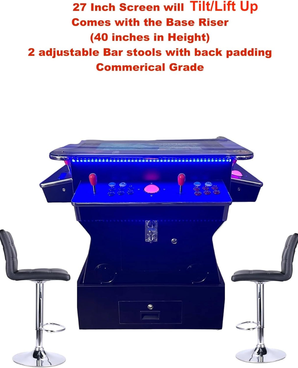 Top Us Video Arcades Full Size Commercial Grade Cocktail Arcade Machine Games Lift Up / Tilt Screen 4600 Games 26.5 Screen with Riser Tempered Glass 2 Stools Included 5 Year Warranty Black