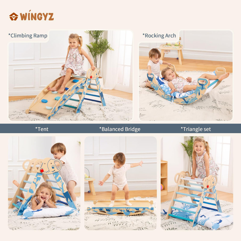 WINGYZ Pikler Triangle Set, Montessori Foldable 8-in-1 Jungle Gym & Reversible Animal Slide, Patent-Protected Climbing Set, Safe 2.35" Gap ASTM F963 Standards for Toddlers 18 Months-5 Years (Rainbow)
