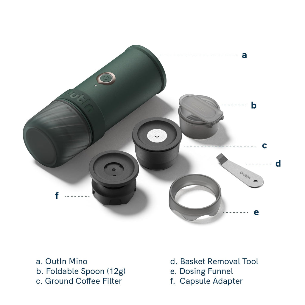 Outin Mino Portable Electric Espresso Machine, Mini Camping Coffee Maker for Travel, Pocket Sized Coffee Machine Self-Heating, Ground Coffee & NS Capsule Adapter For Adventure