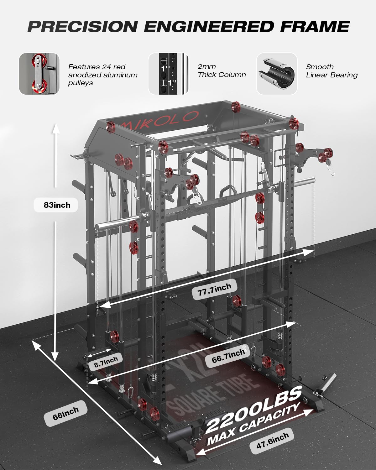 Mikolo Smith Machine, Multi-Function Power Cage with Dual Pulley System, Vertical Leg Press Attachment, Squat Rack Power Rack with More Training Attachment for Home Gym