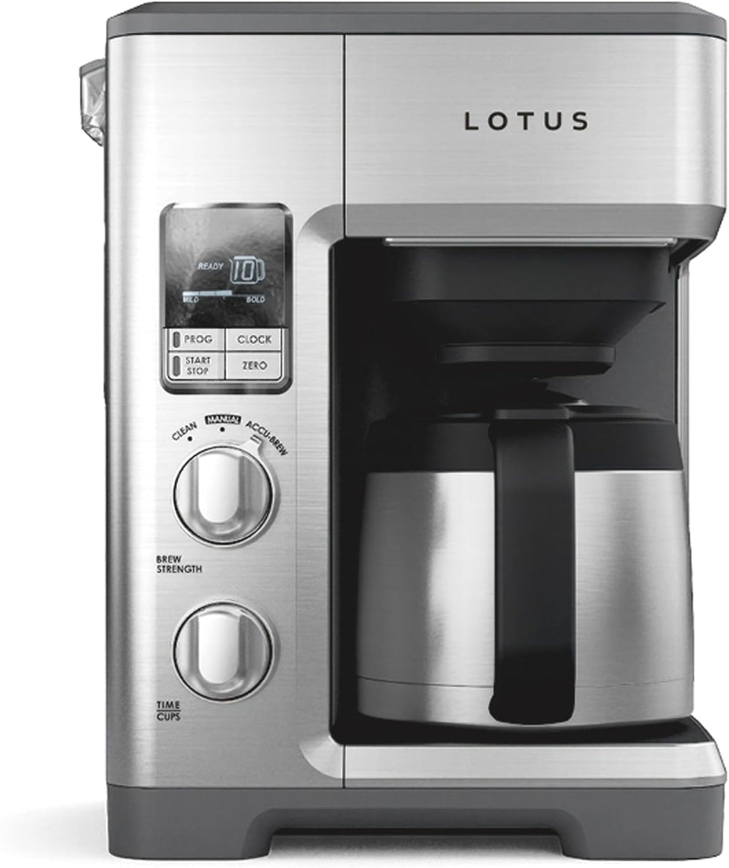 Lotus Coffee Maker with Grounds Scale, Programmable 10-Cup Coffee Maker, The Top Drip, 1500 Watts, Stainless Steel, Professional Series, LTSCM500