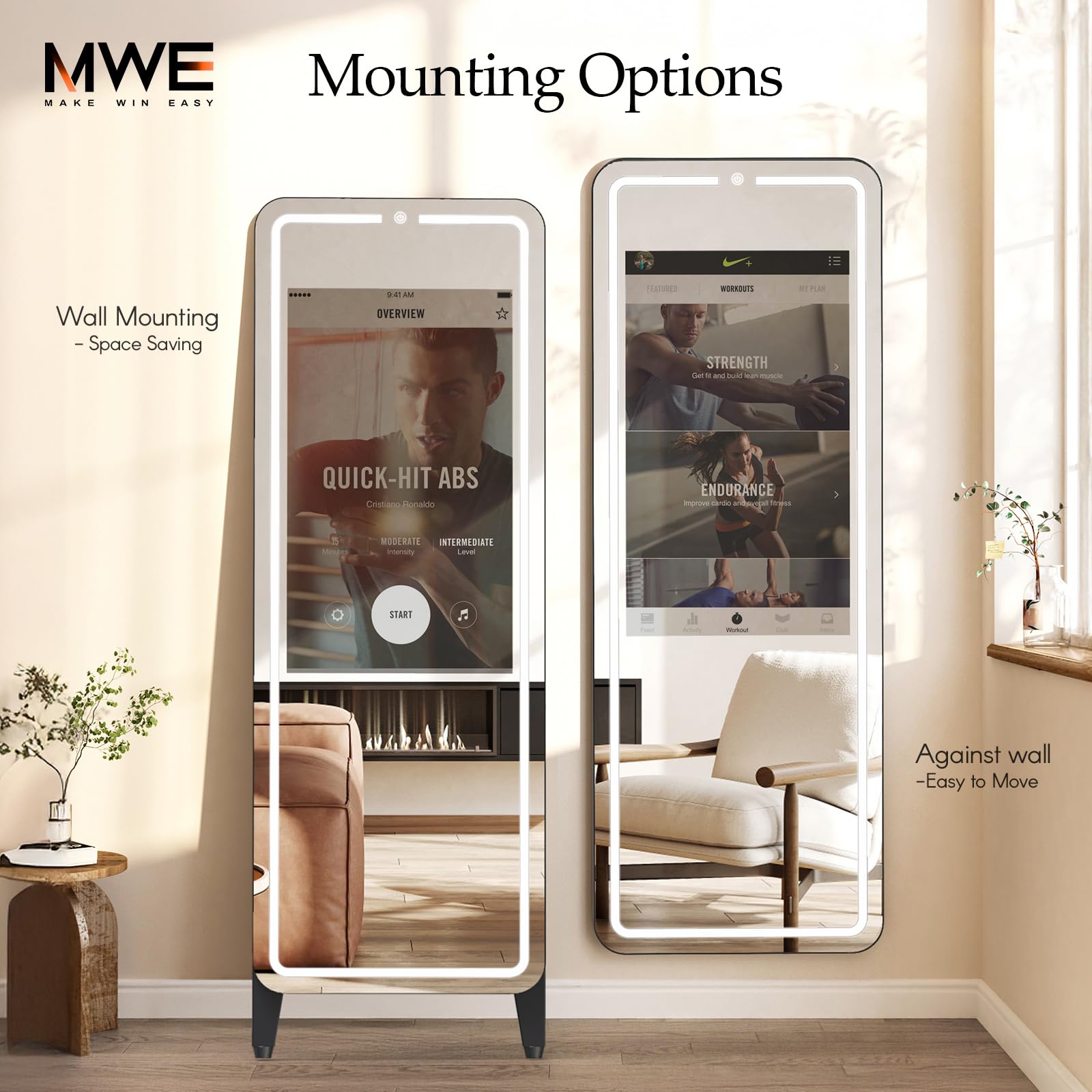 Smart Gym Mirror for Home Workout | 32" HD Touch-Screen Andriod OS | 63" Reflective Surface | No VIP Fees Support Various APPs, Music Sync LED Light Strip, for Home Gym/Yoga/Dance