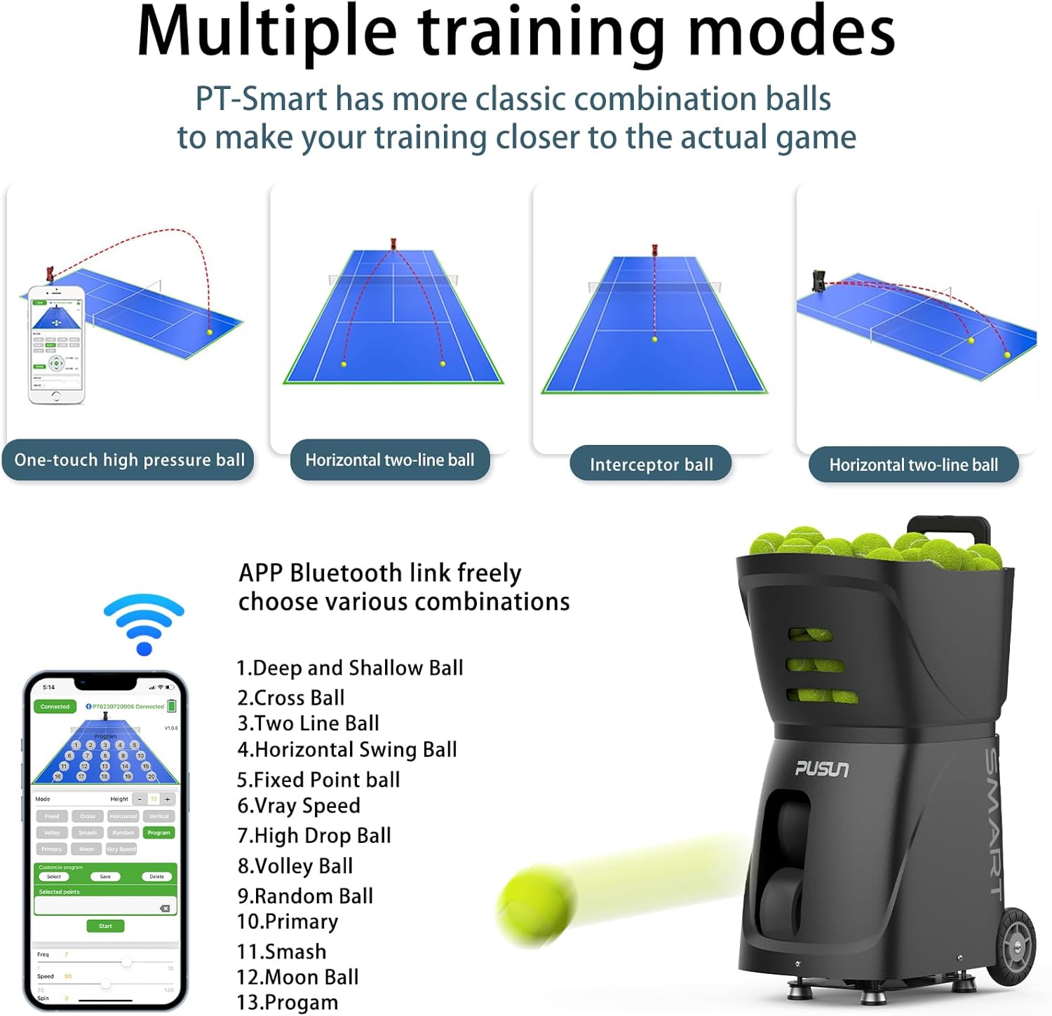 PT-SAMRT-Professional Tennis Ball Machine with App Control - 100+ Ball Capacity - 12 Training Modes - 4-6 Hours Battery Life (Black)