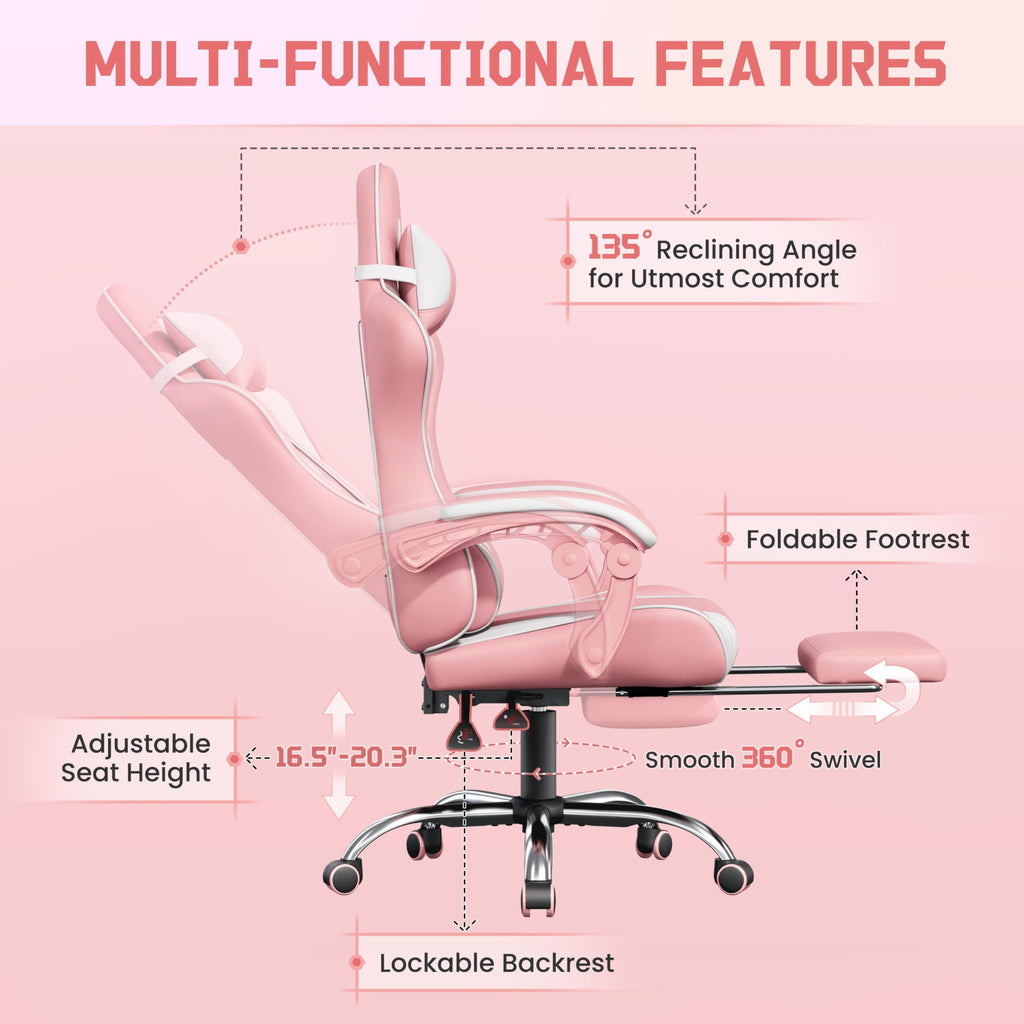 Yaheetech Gaming Chair with Electric Massage Lumbar Support, Footrest & Headrest — Ergonomic High Back Recliner for Home Office, Computer Desk Chair, Height Adjustable, 300 lbs, Black/White