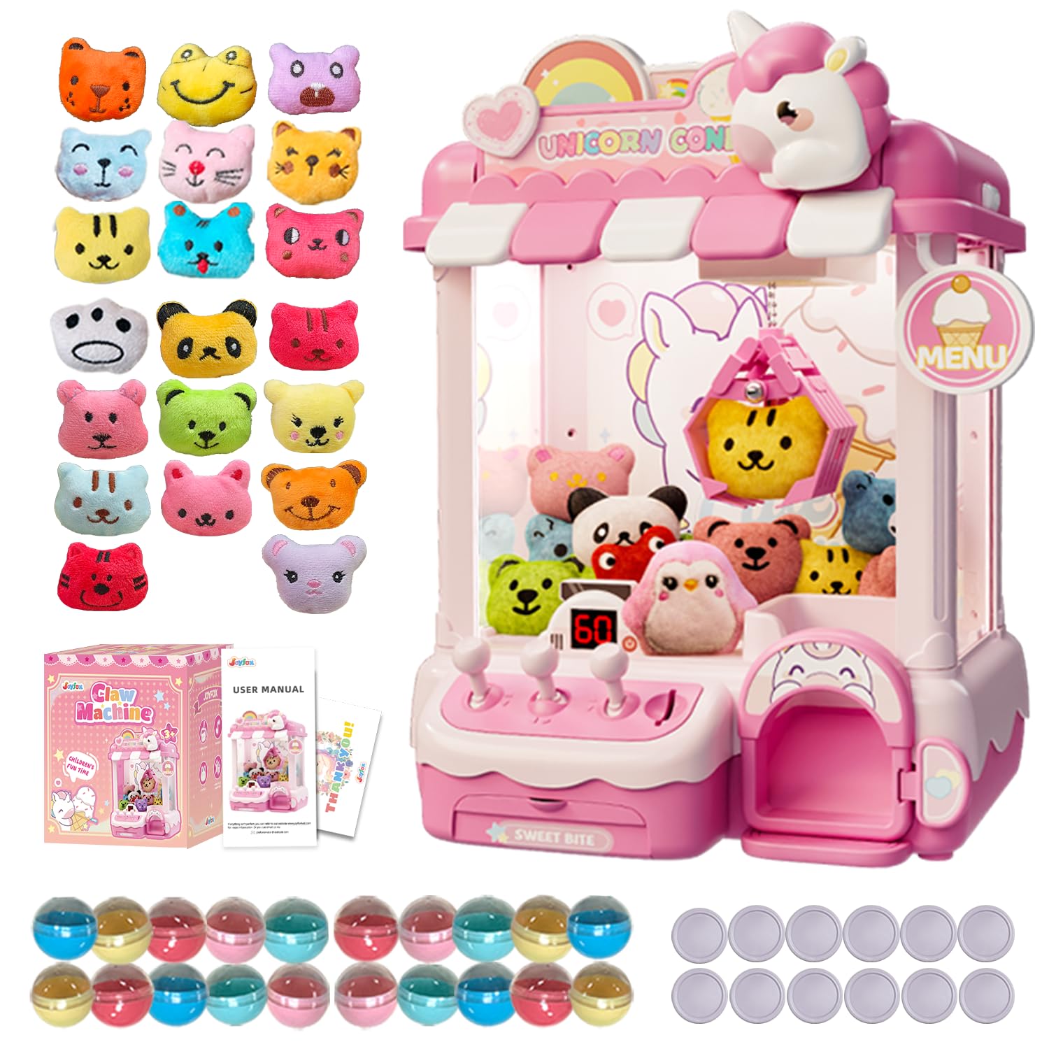 Unicorn Claw Machine for Kids, Arcade Prize Grabber with 20 Mini Plush Toys and 20 Capsules, 3-Lever Controls, Lights and Music, Gift for Ages 3 and Up