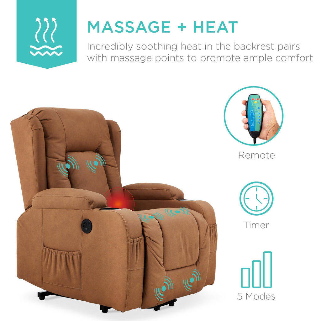 Best Choice Products PU Leather Electric Power Lift Chair, Recliner Massage Chair, Adjustable Furniture for Back, Legs w/ 3 Positions, USB Port, Heat, Cupholders, Easy-to-Reach Side Button - Olive