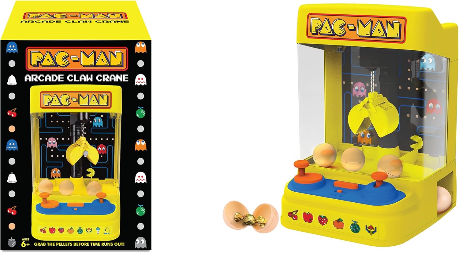 Pac-Man: Arcade Claw Crane - Core Series, Lights-Sounds Tabletop Game, Dual Joystick, Fill Pellets with Prizes, Licensed Collectible Toy, Adult-Kid 4+