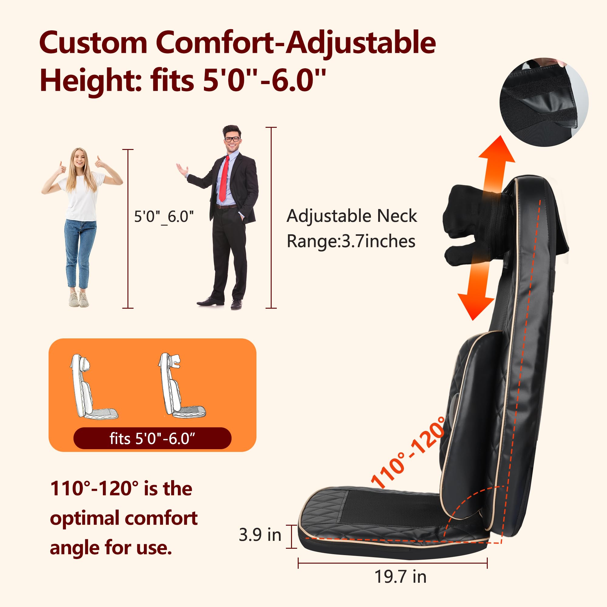 Neck and Back Massager with Heat, Shiatsu Full Back Chair Massager with 2 Detachable Neck Massage Heads, Height Adjustable Deep Kneading & Rolling Back Massage, Seat Vibration for Home Office Gifts