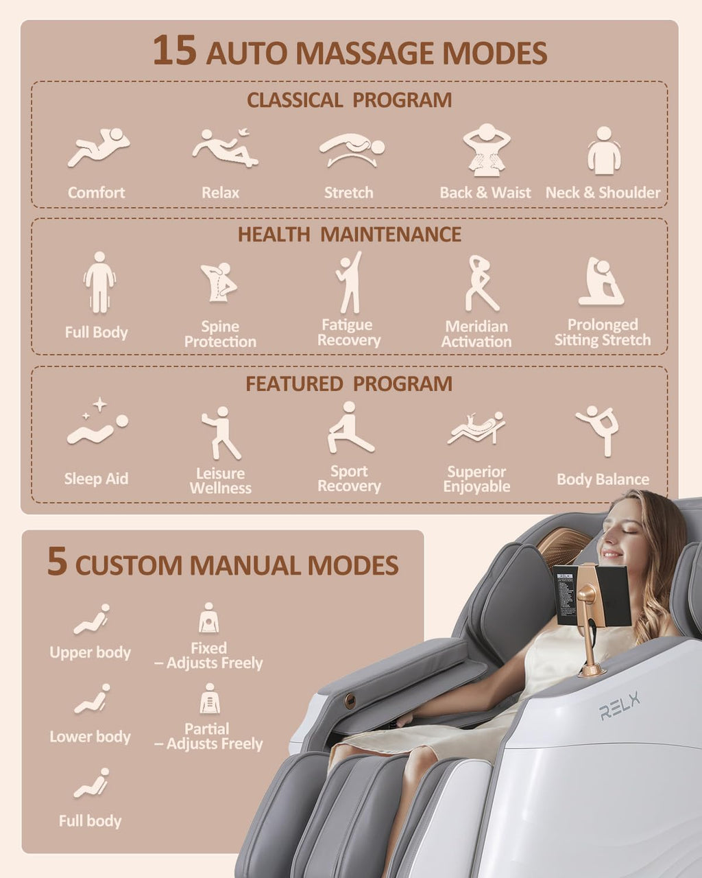 RELX Massage Chair Full Body, 20 Modes Zero Gravity SL-Track Shiatsu Massage Chair Built-in Heat System, Airbag Massage with Body Scan, Deep Yoga Stretch, Calfrest Extension and AI Control(Cream)