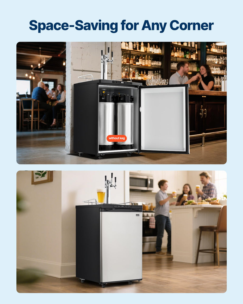 VEVOR Beer Kegerator, Dual Tap Commercial Draft Beer Dispenser for D system, Full Size Keg Refrigerator with 5lbs CO2 Tank, Hold 2 Sixth / 2 Ball lock keg, Black