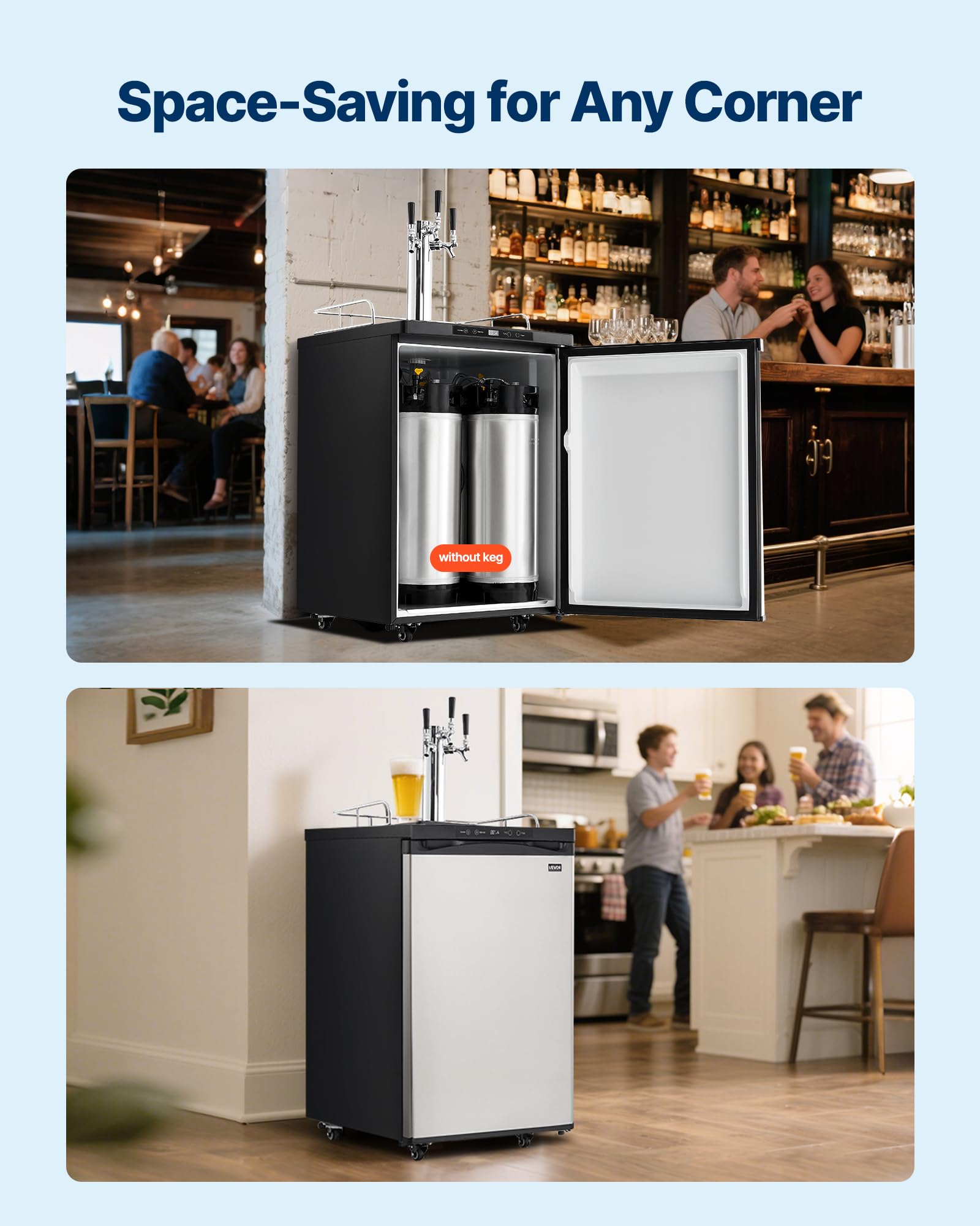 VEVOR Beer Kegerator, Dual Tap Commercial Draft Beer Dispenser for D system, Full Size Keg Refrigerator with 5lbs CO2 Tank, Hold 2 Sixth / 2 Ball lock keg, Black