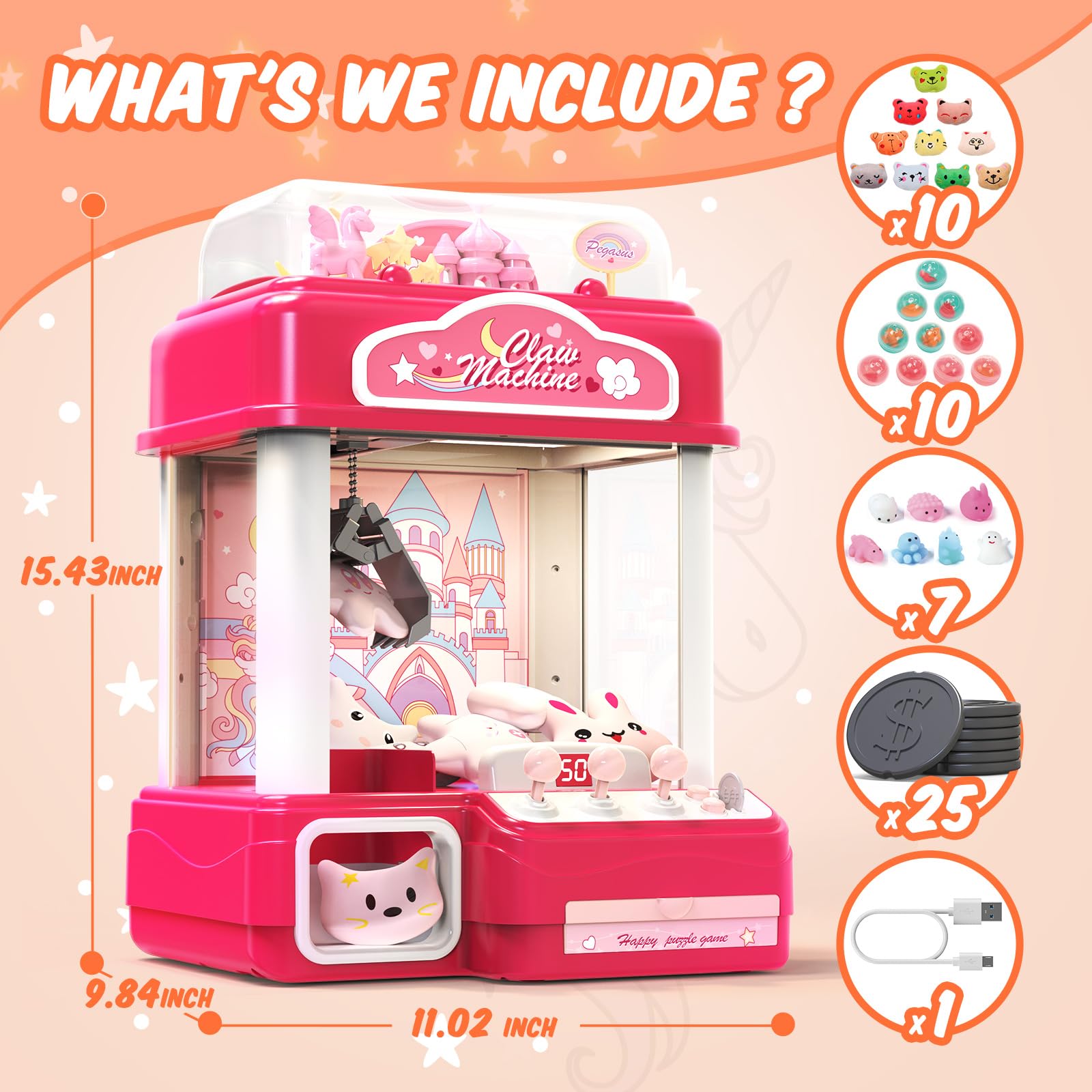 Skirfy 15” Claws Machines for Kids Adults with Sound Light, Vending Machine Candy Grabber Prize Dispenser Toys, Unicorns Claws Machines Electric Control,Birthday Girl Toys Gift