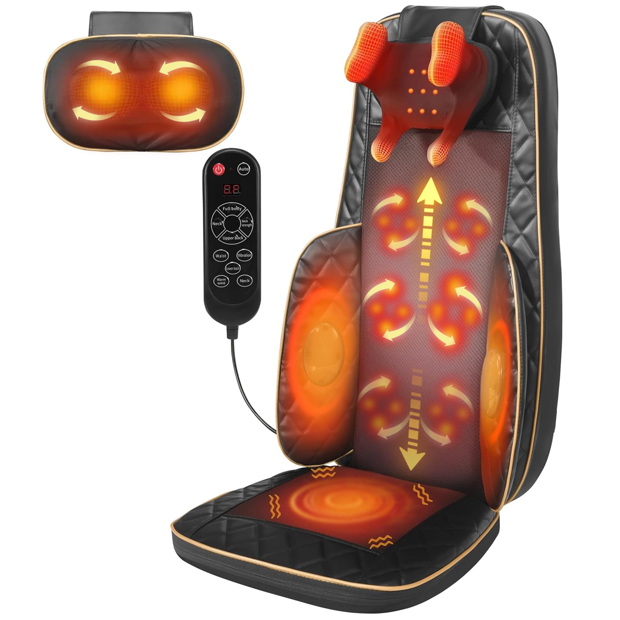 Neck and Back Massager with Heat, Shiatsu Full Back Chair Massager with 2 Detachable Neck Massage Heads, Height Adjustable Deep Kneading & Rolling Back Massage, Seat Vibration for Home Office Gifts