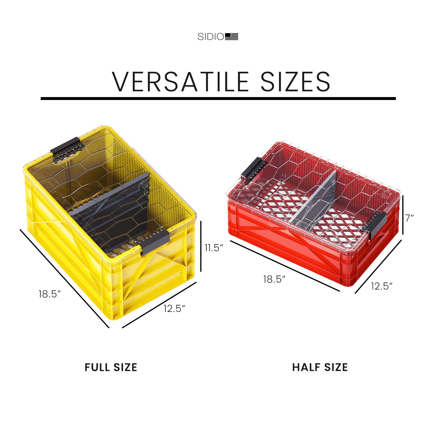 SIDIO CRATE Starter Pack - Two Full Size and One Half Size SidioCrate, Stackable Outdoor Organizer Storage Bins with Clear Lid and Dividers - Tan