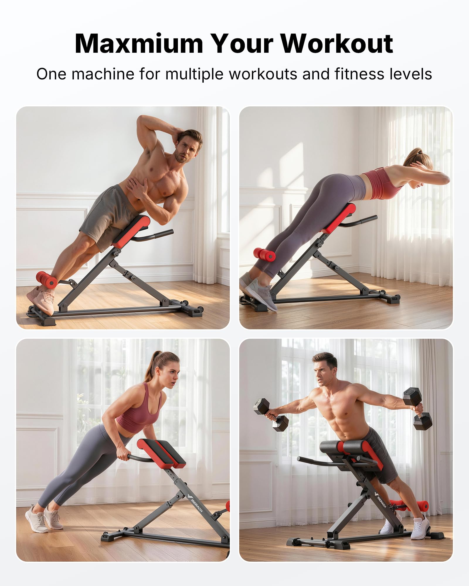 MERACH Roman Chair Back Extension, Adjustable Weight Bench, Home Gym Sit Up Bench for Glutes & Ab Workouts, Back Extension Machine, Hyperextension Roman Chair for Lower Back Pain Relief