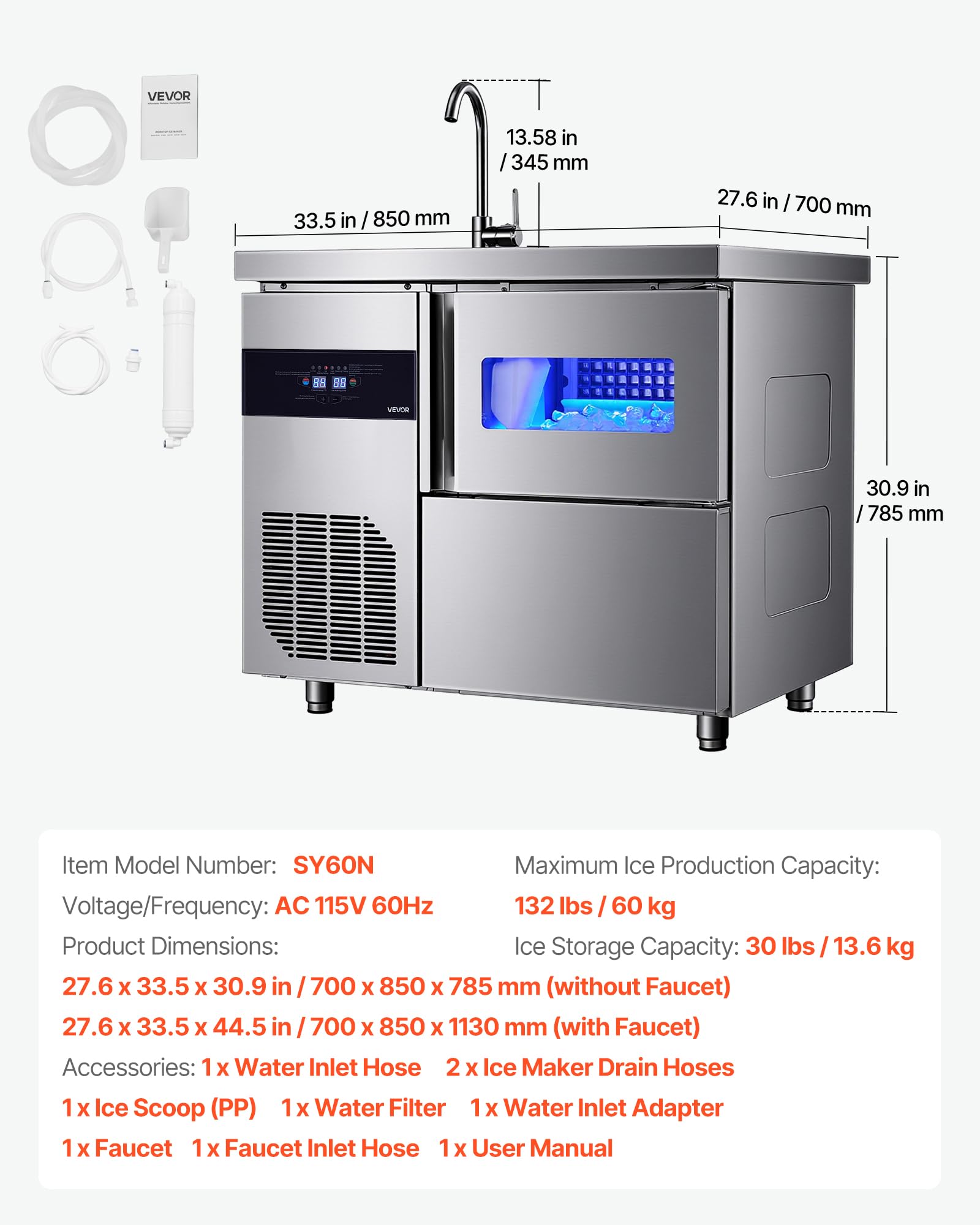 VEVOR Commercial Ice Maker Machine, 330 lbs/24H Stainless Steel Ice Machine with Worktop, 88 lbs Storage & 144 Cubes/Cycle, Self-Cleaning Freestanding Ice-Making for Home Bar Office Restaurant Kitchen