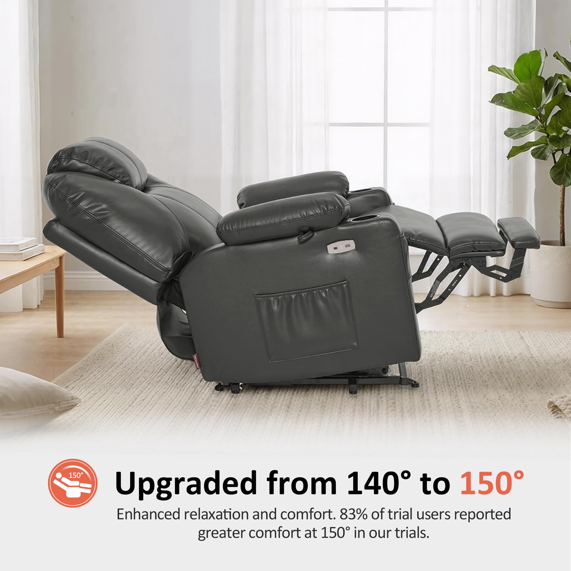 MCombo Electric Power Lift Recliner Chair Sofa with Massage and Heat for Elderly, 3 Positions, 2 Side Pockets, and Cup Holders, USB Ports, Faux Leather 7040 (Grey, Medium)