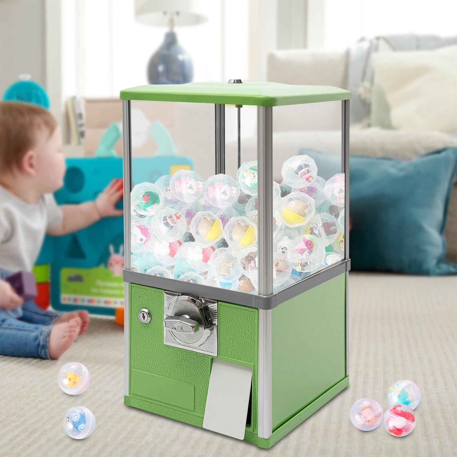 25 Cents Coin Operated Vending Machine, Capsule Vending Machine for Kids, Commercial Toy Vendor with Key Lock, Bubble Gum Ball Dispenser for Arcades Retail Stores, 1.77-1.97in Toys (Green)