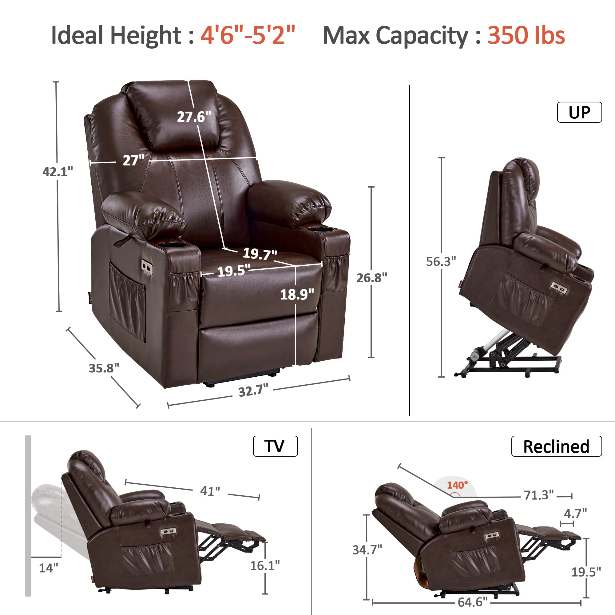MCombo Electric Power Lift Recliner Chair Sofa with Massage and Heat for Elderly, 3 Positions, 2 Side Pockets, and Cup Holders, USB Ports, Faux Leather 7040 (Grey, Medium)