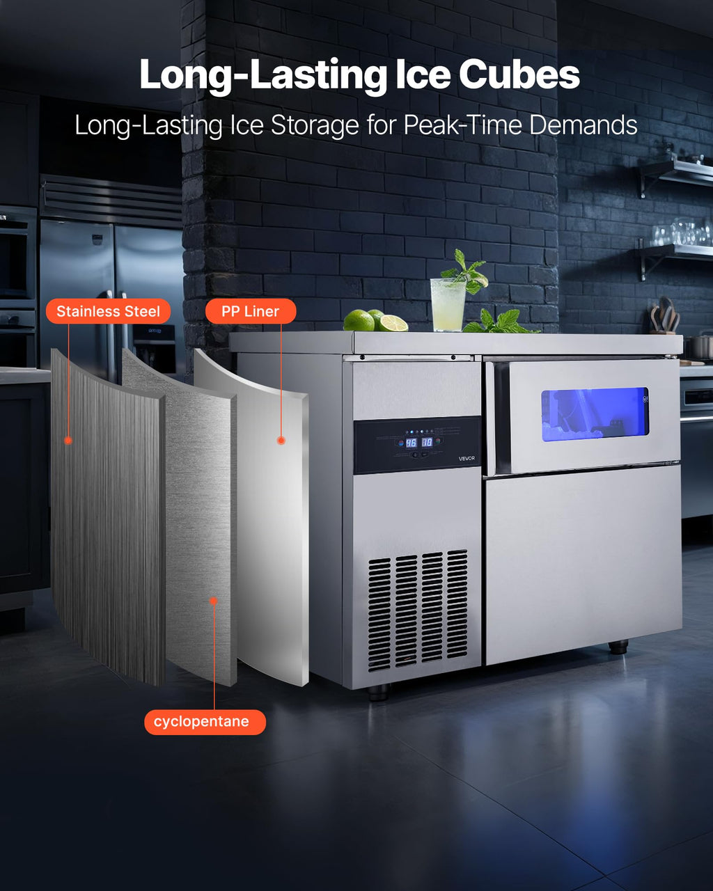 VEVOR Commercial Ice Maker Machine, 330 lbs/24H Stainless Steel Ice Machine with Worktop, 88 lbs Storage & 144 Cubes/Cycle, Self-Cleaning Freestanding Ice-Making for Home Bar Office Restaurant Kitchen
