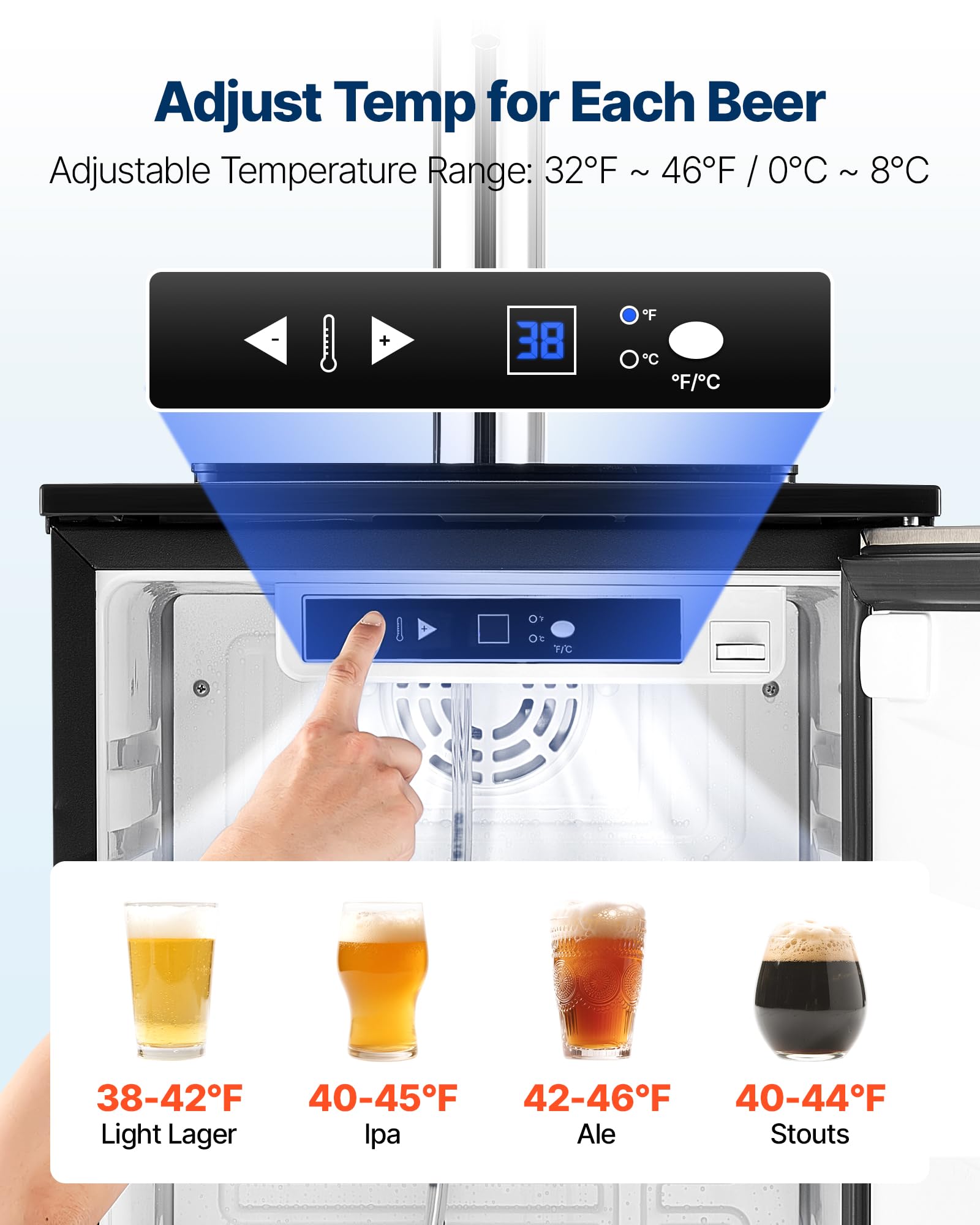 VEVOR Beer Kegerator, Dual Tap Commercial Draft Beer Dispenser for D system, Full Size Keg Refrigerator with 5lbs CO2 Tank, Hold 2 Sixth / 2 Ball lock keg, Black