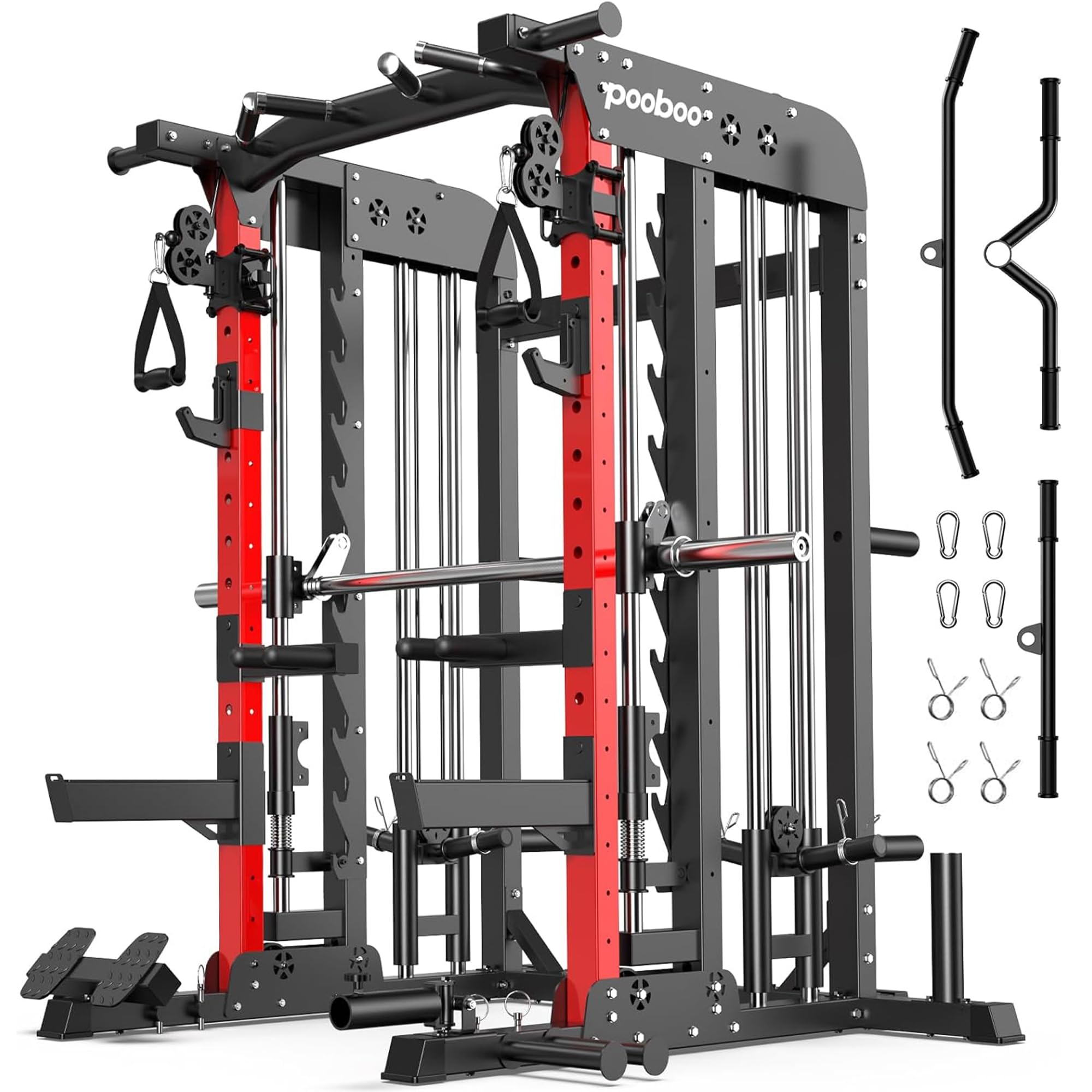 pooboo Multi-Functional Machine Power Cage, 2000LB Squat Rack, LAT-Pull Down System, Dual Pulley Cable Crossover System, Home Gym Workout Machine with Strength Training Attachments