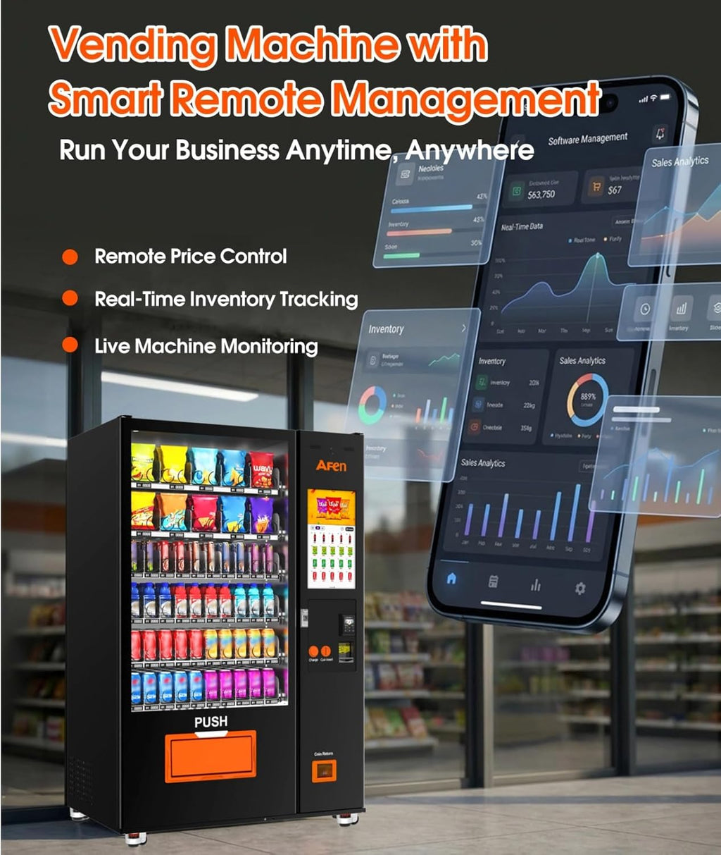 AFEN 60 Slots Vending Machine with Card Reader Commercial Snack & Drink Combo Vending Machine for Business Refrigerated, Mobile Remote Control, with 21.5" Touch Screen, Cashless Payment