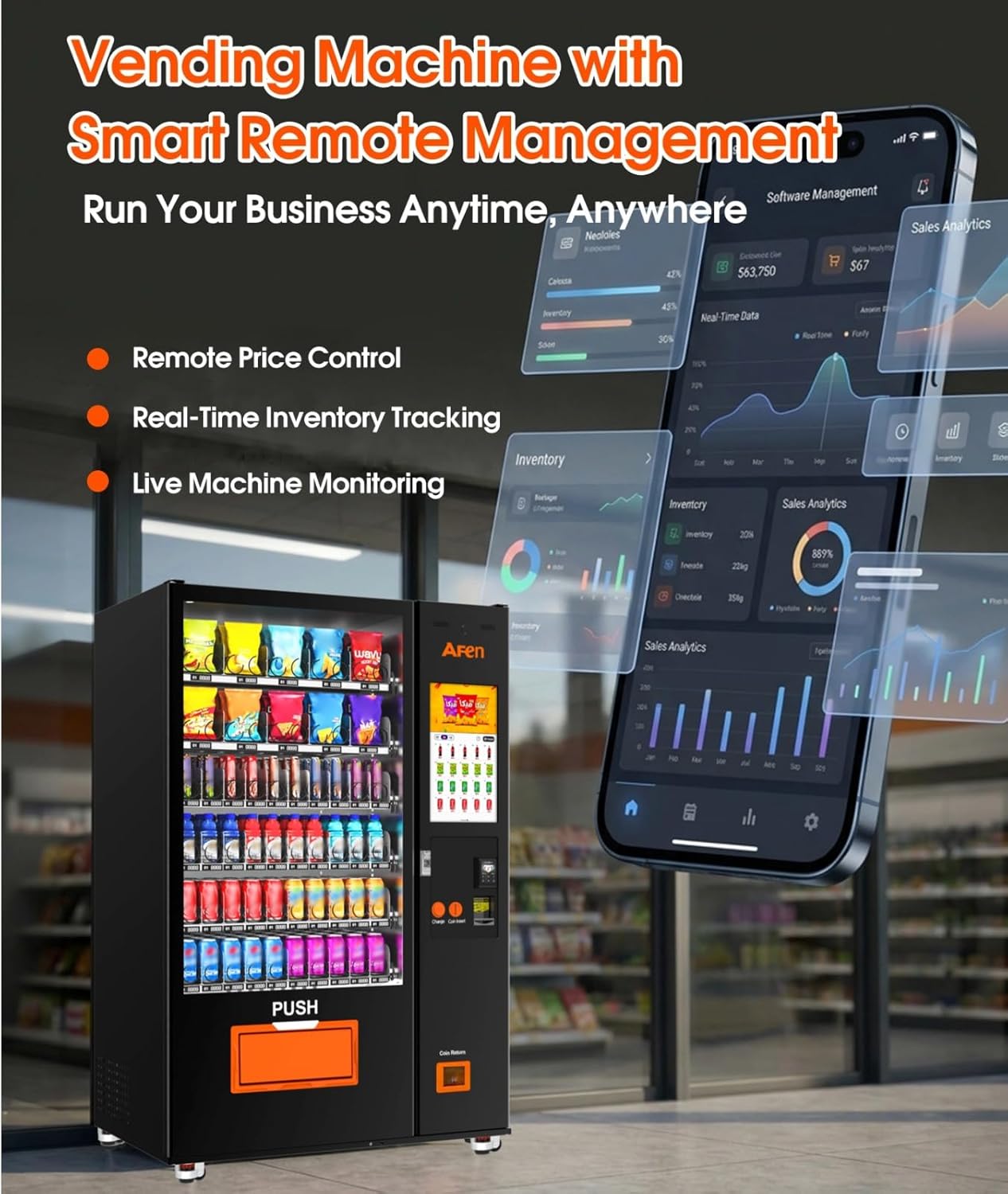 AFEN 60 Slots Vending Machine with Card Reader Commercial Snack & Drink Combo Vending Machine for Business Refrigerated, Mobile Remote Control, with 21.5" Touch Screen, Cashless Payment