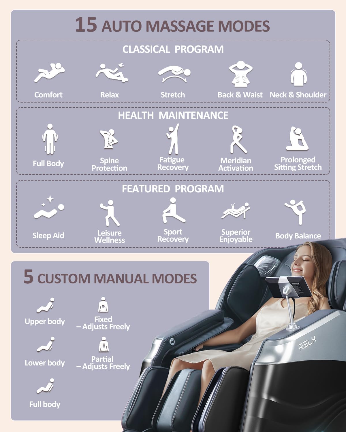 RELX 2026 Massage Chair Full Body, 20 Modes Zero Gravity SL-Track Shiatsu Massage Chair Built-in Heat System, Airbag Massage with Body Scan, Deep Yoga Stretch, Calfrest Extension and AI Control(White)