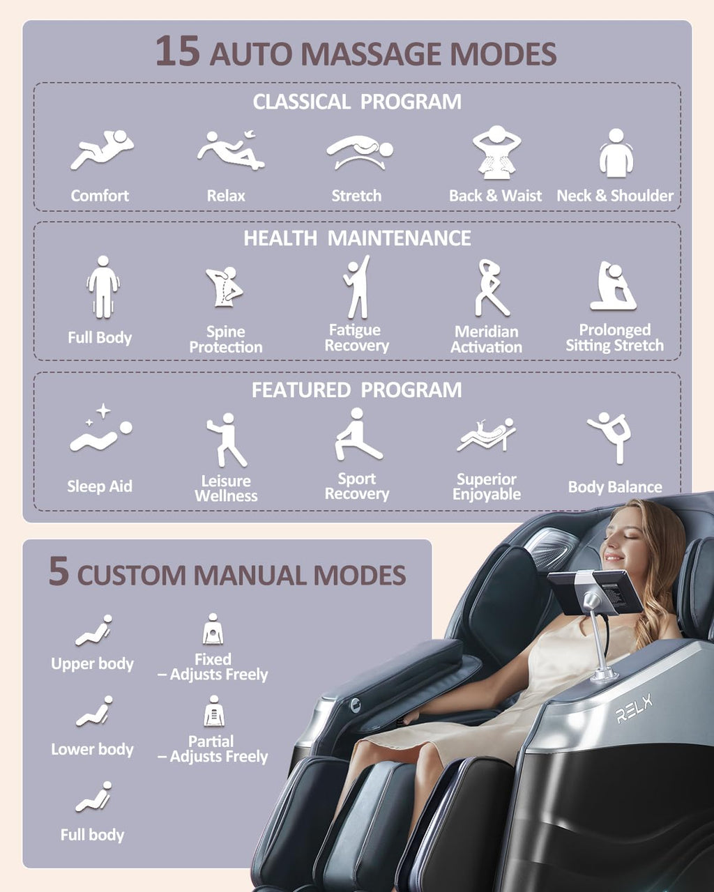 RELX Massage Chair Full Body, 20 Modes Zero Gravity SL-Track Shiatsu Massage Chair Built-in Heat System, Airbag Massage with Body Scan, Deep Yoga Stretch, Calfrest Extension and AI Control(Cream)