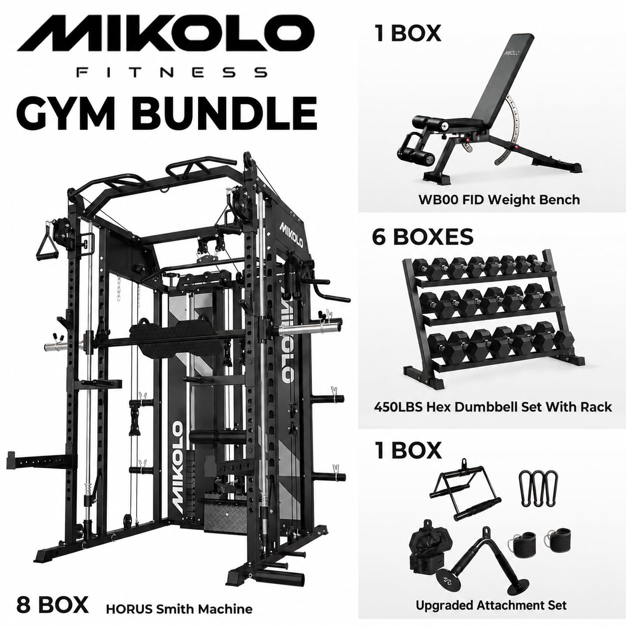 Mikolo Smith Machine with Weight Stack, Power Cage Home Gym System with LAT Pulldown & Cable Crossover, Multi-Functional Trainer with Dual Pulley System, Includes 10+ Free Attachments