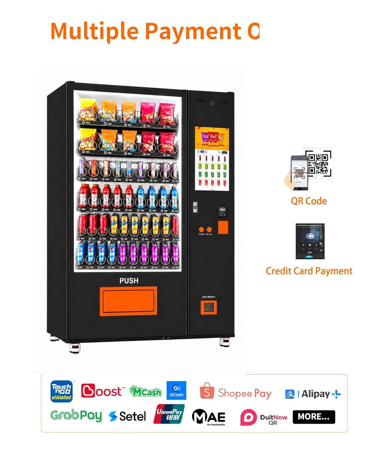 AFEN 60 Slots Vending Machine with Card Reader Commercial Snack & Drink Combo Vending Machine for Business Refrigerated, Mobile Remote Control, with 21.5" Touch Screen, Cashless Payment