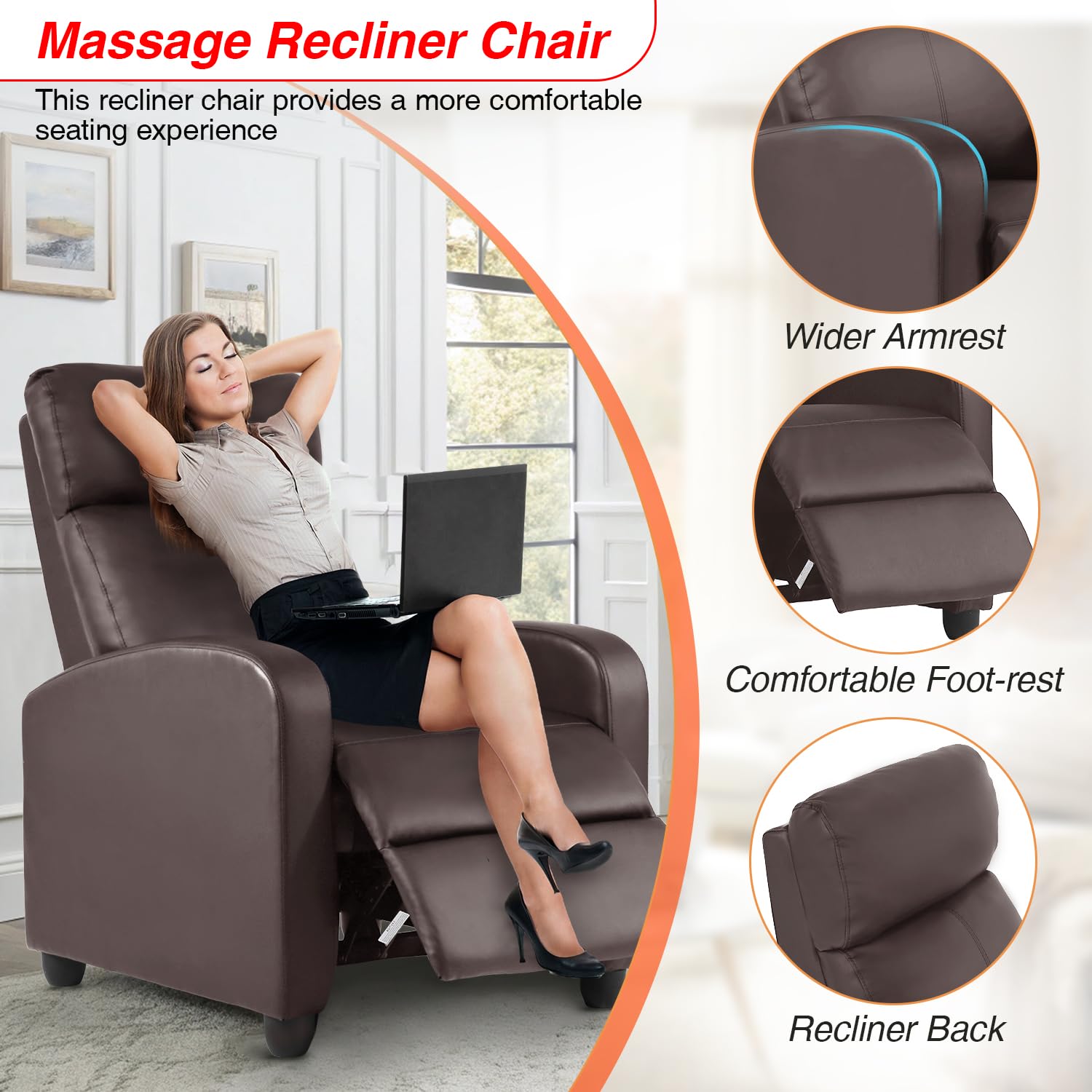 FDW Recliner Sofa Massage Chair Home Theater Seating with Lumbar Support and Padded Backrest for Living Room and Bedroom (Leather, Black)