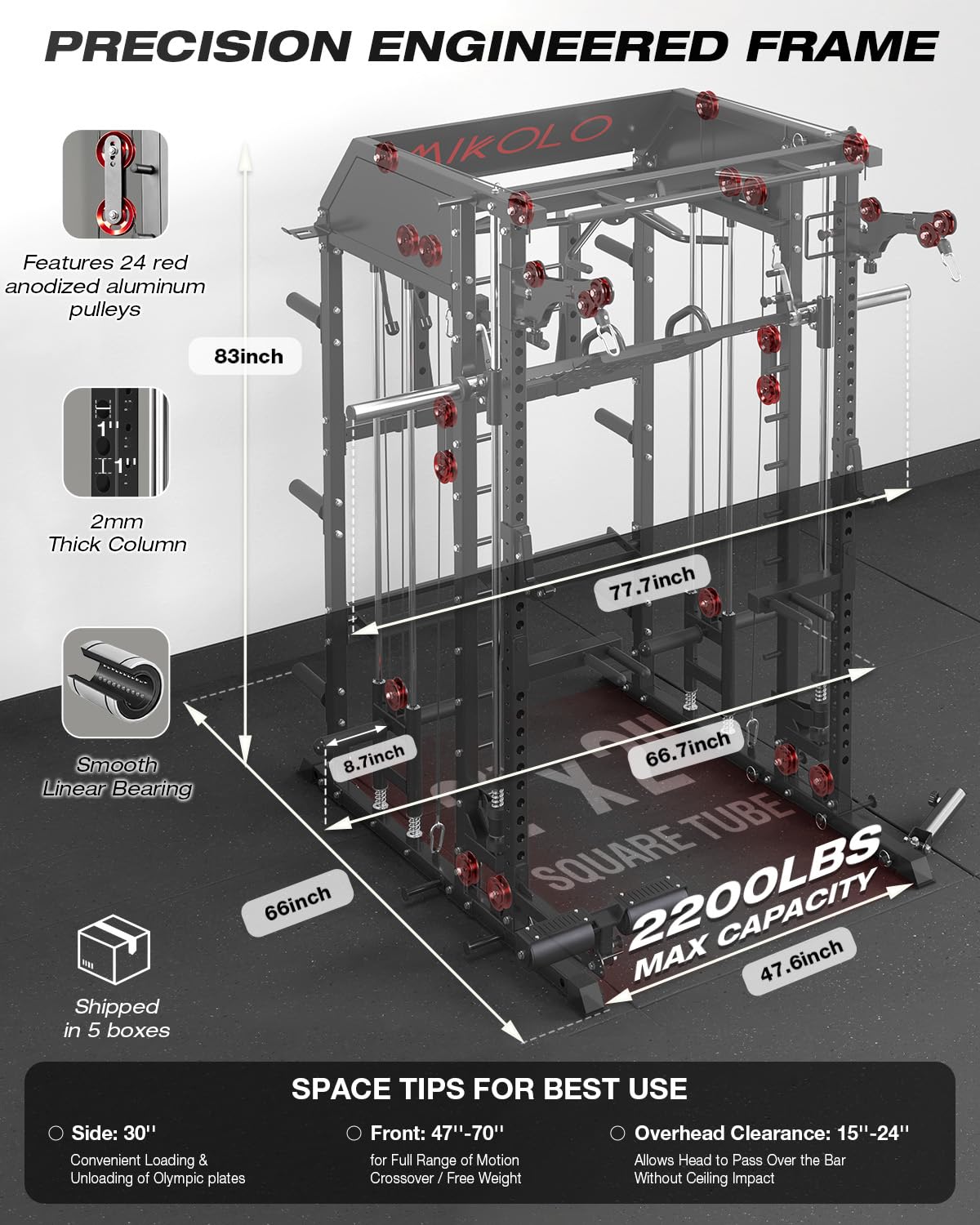 Mikolo Smith Machine, Multi-Function Power Cage with Dual Pulley System, Vertical Leg Press Attachment, Squat Rack Power Rack with More Training Attachment for Home Gym