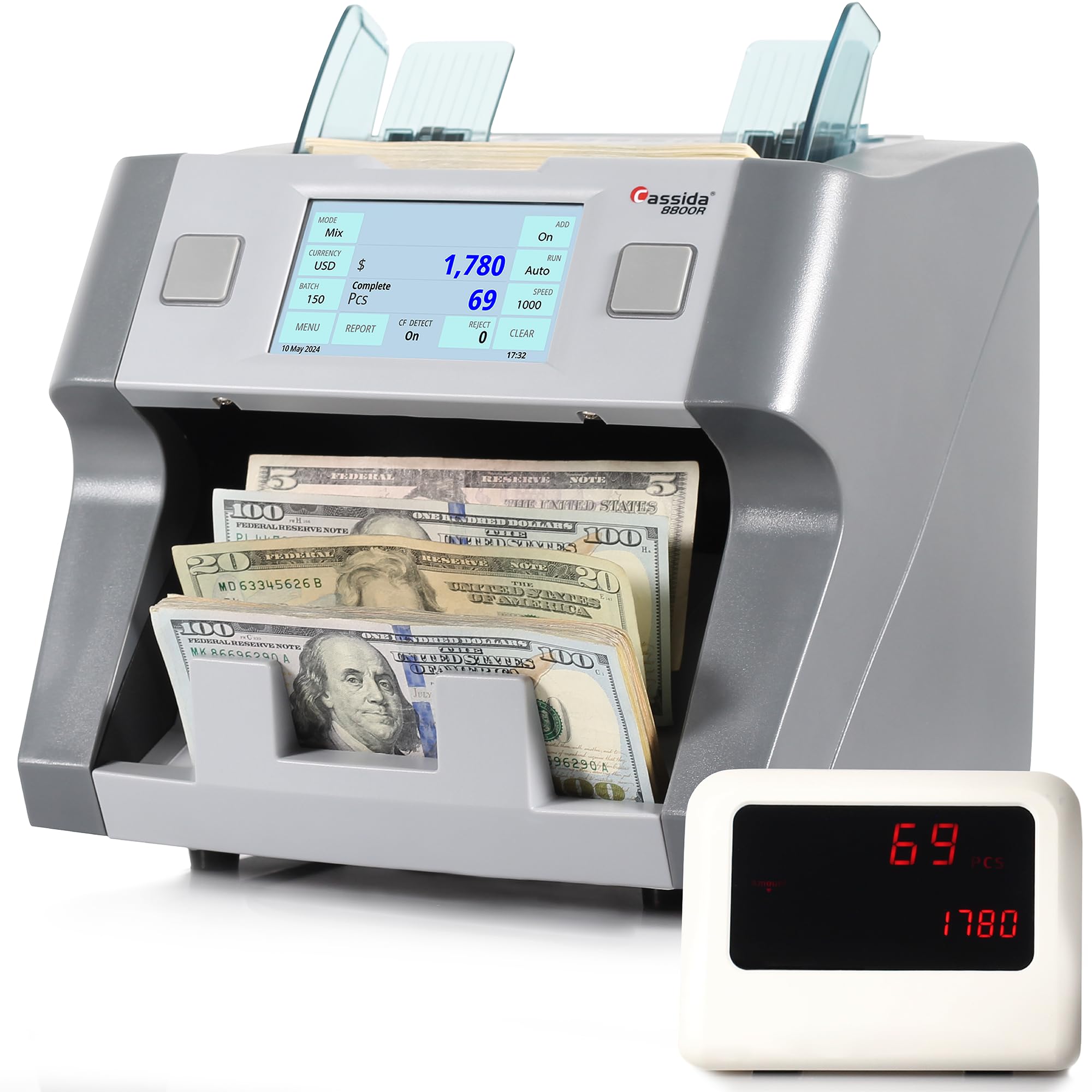 Cassida 9900R V2 2-Pocket Premium Bank Grade Money Counter Machine Mixed Denomination, Bill Sorter, Value Counting, Printer Enabled, 2 CIS, UV/MG, IR/IT Counterfeit Detection with Built-in Printer
