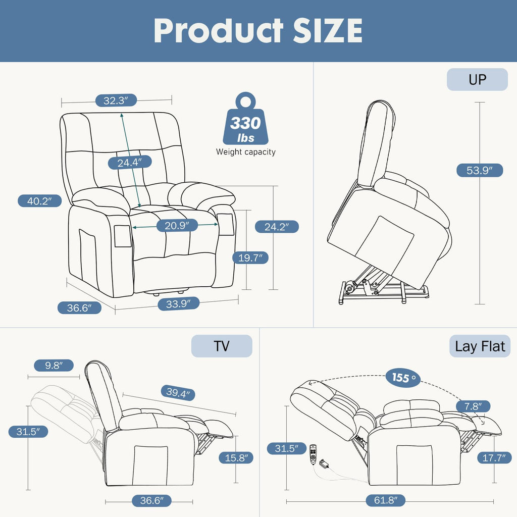 DUMOS Rocker Recliner Chair, Swivel Recliner with Vibration Massage & Lumbar Heating, 270° Rotating Chenille Fabric Recliner with footrest for Living Room & Bedroom, Grey