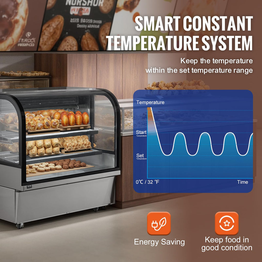 VEVOR Refrigerated Display Case, 3.5 Cu.Ft./100L, 2-Tier, Countertop Pastry Display Case Commercial Display Refrigerator with LED Lighting, TURBO Cooling, Frost-Free Air-Cooling, Rear Sliding Door