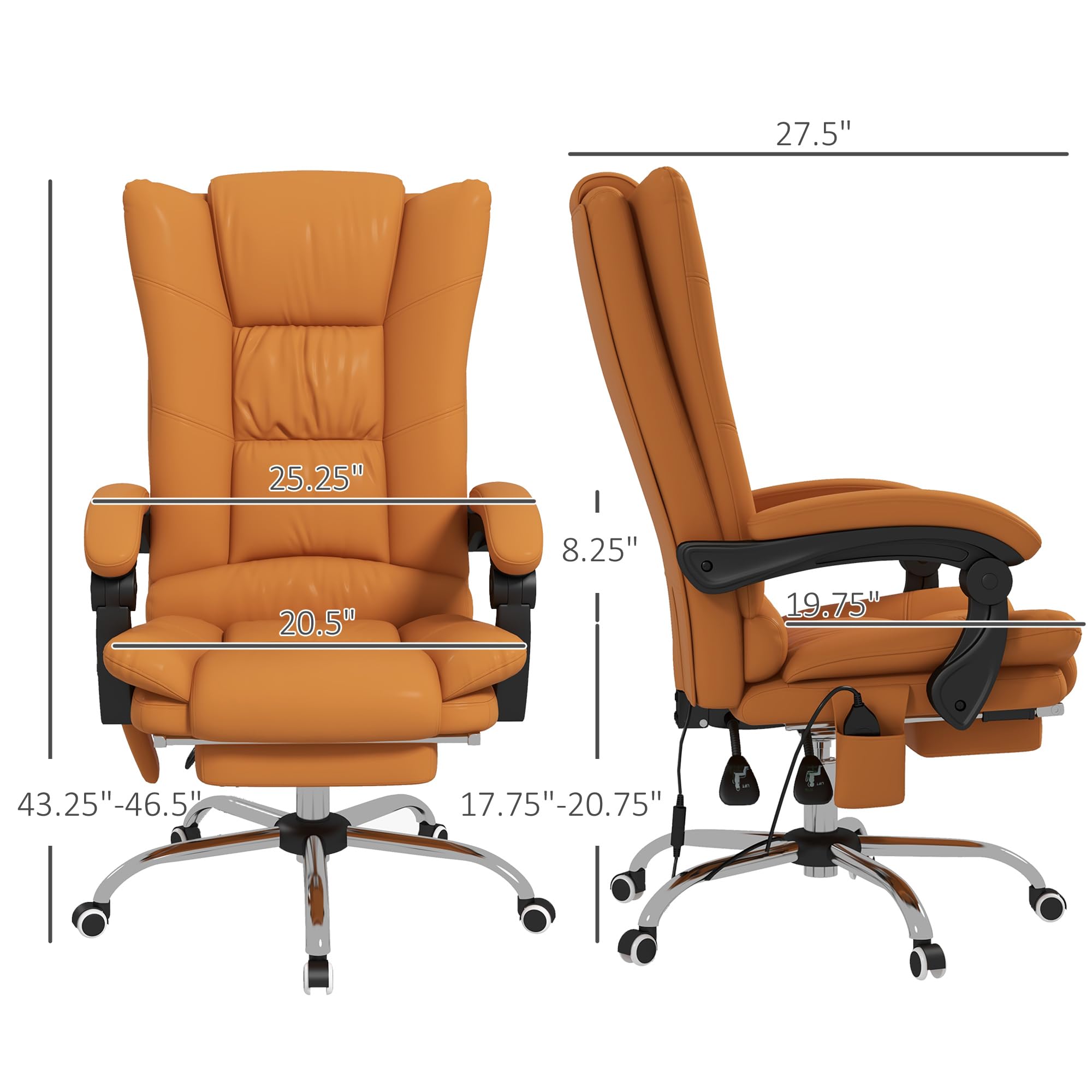 Vinsetto Executive Massage Office Chair with 4 Vibration and Heat, 3 Modes, PU Leather Swivel Chair with Adjustable Height, Reclining Back, and Footrest, Light Brown